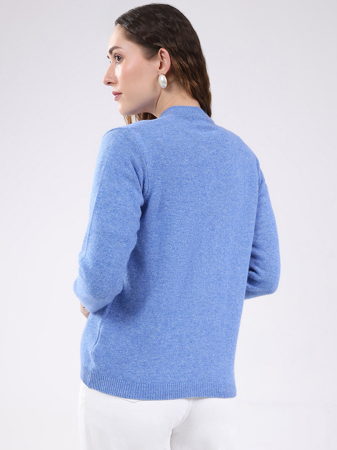 Women Light Blue Solid V Neck Full Sleeve Cardigan