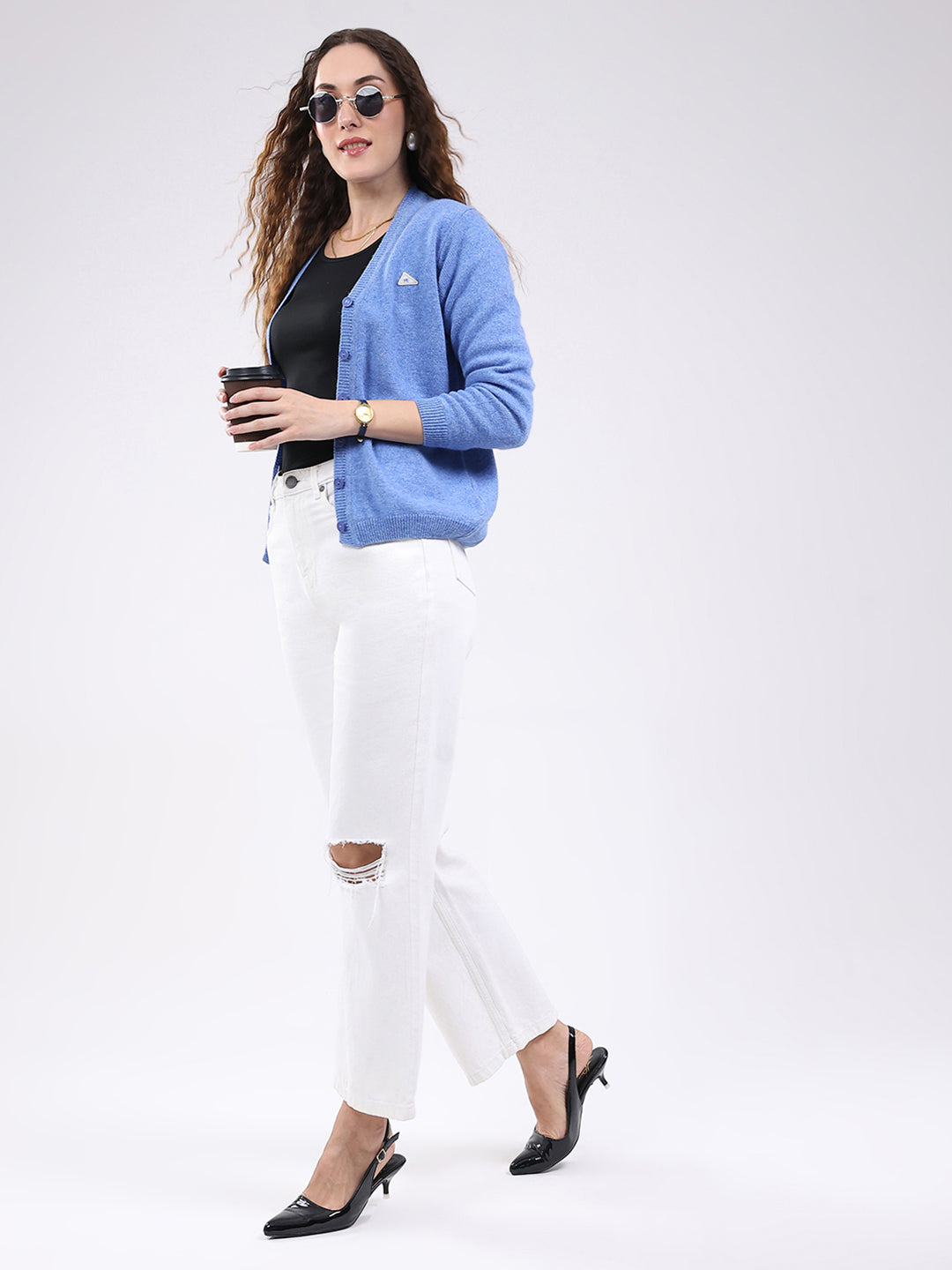 Women Light Blue Solid V Neck Full Sleeve Cardigan