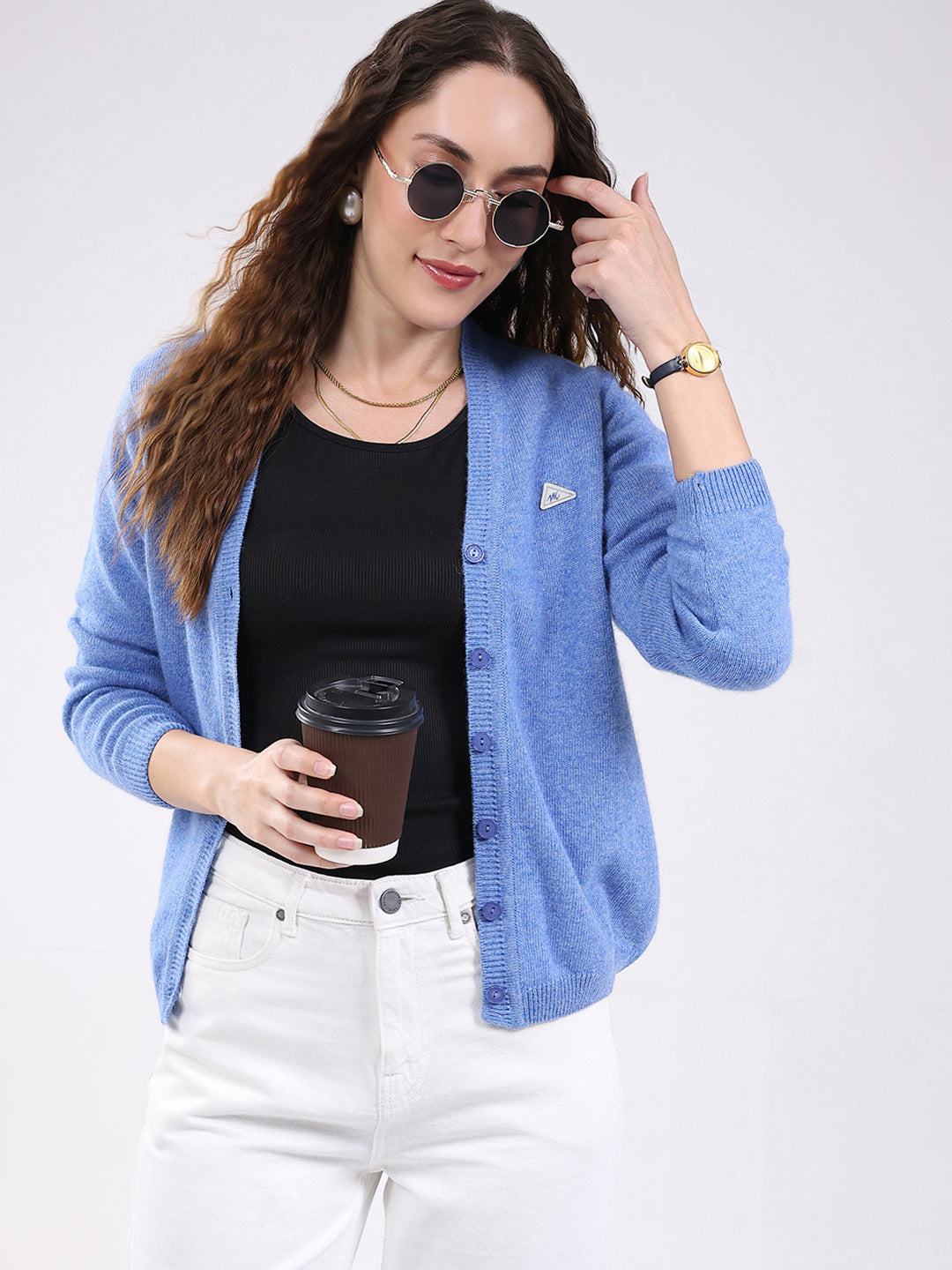 Women Light Blue Solid V Neck Full Sleeve Cardigan