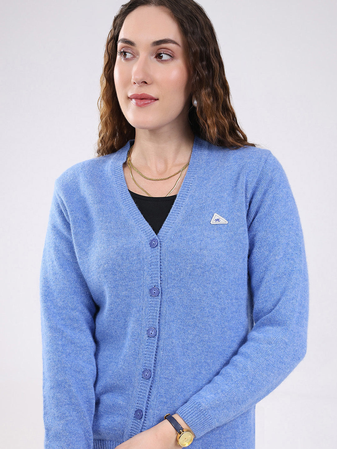 Women Light Blue Solid V Neck Full Sleeve Cardigan