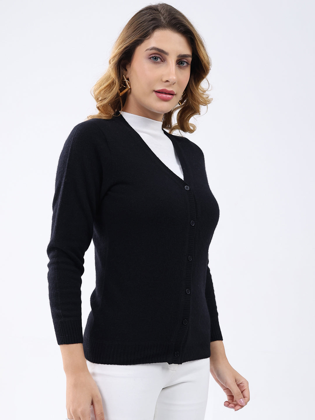 Women Black Solid V Neck Full Sleeve Cardigan