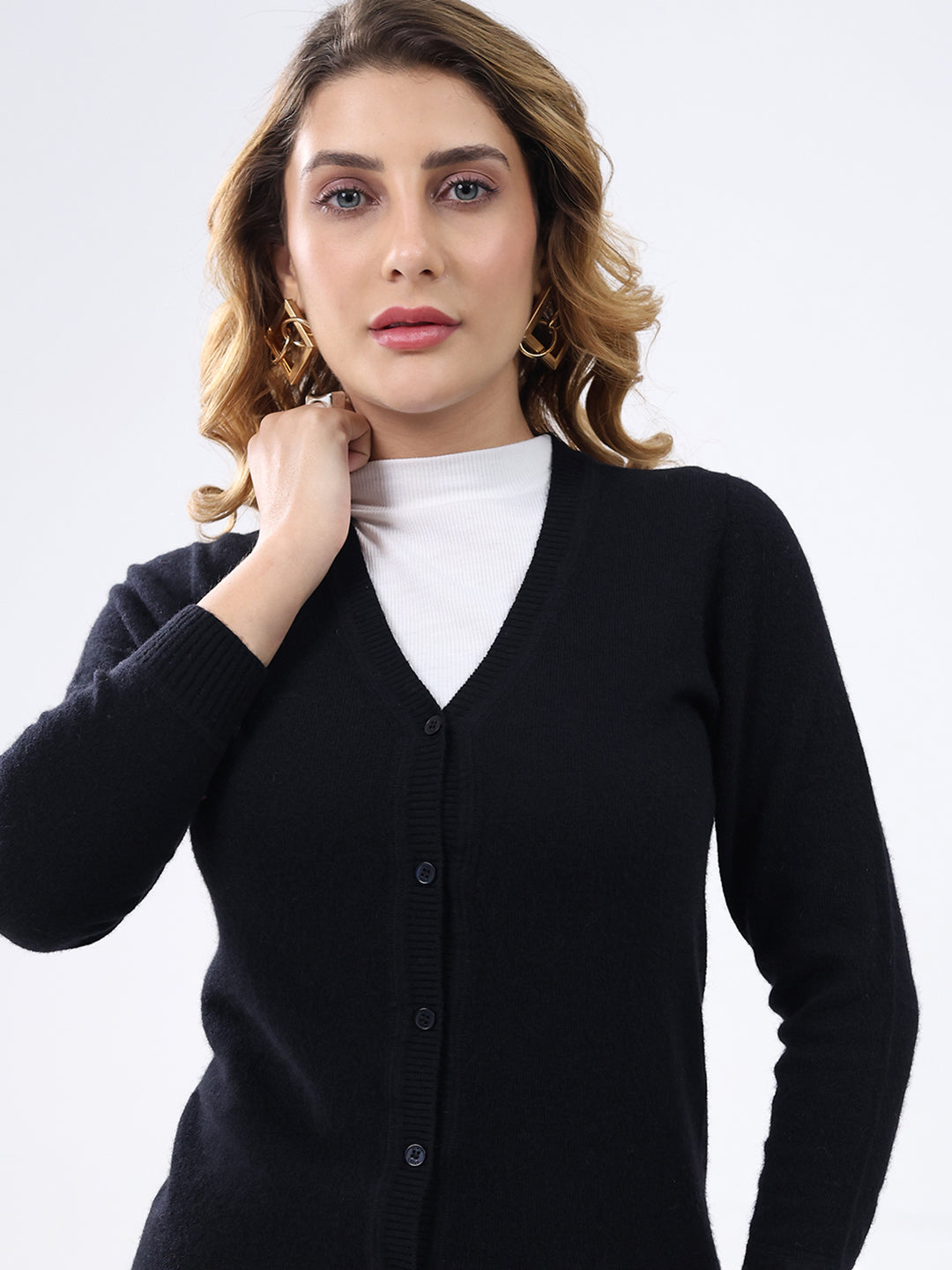 Women Black Solid V Neck Full Sleeve Cardigan