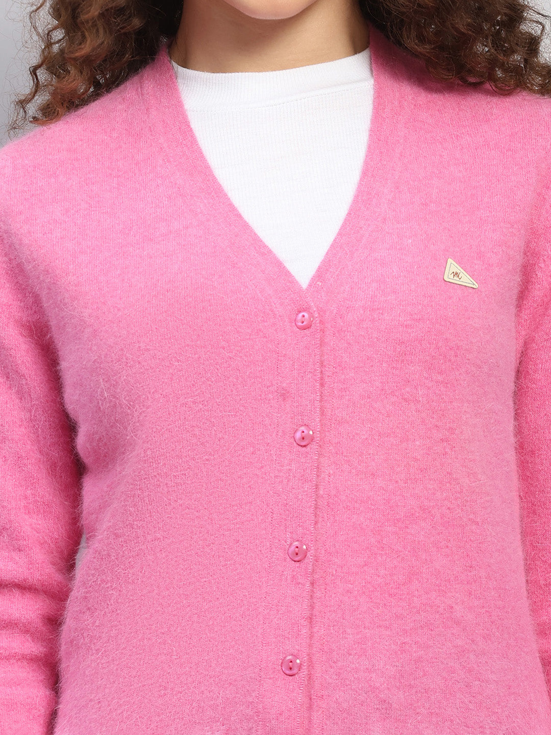 Women Pink Solid V Neck Full Sleeve Cardigan