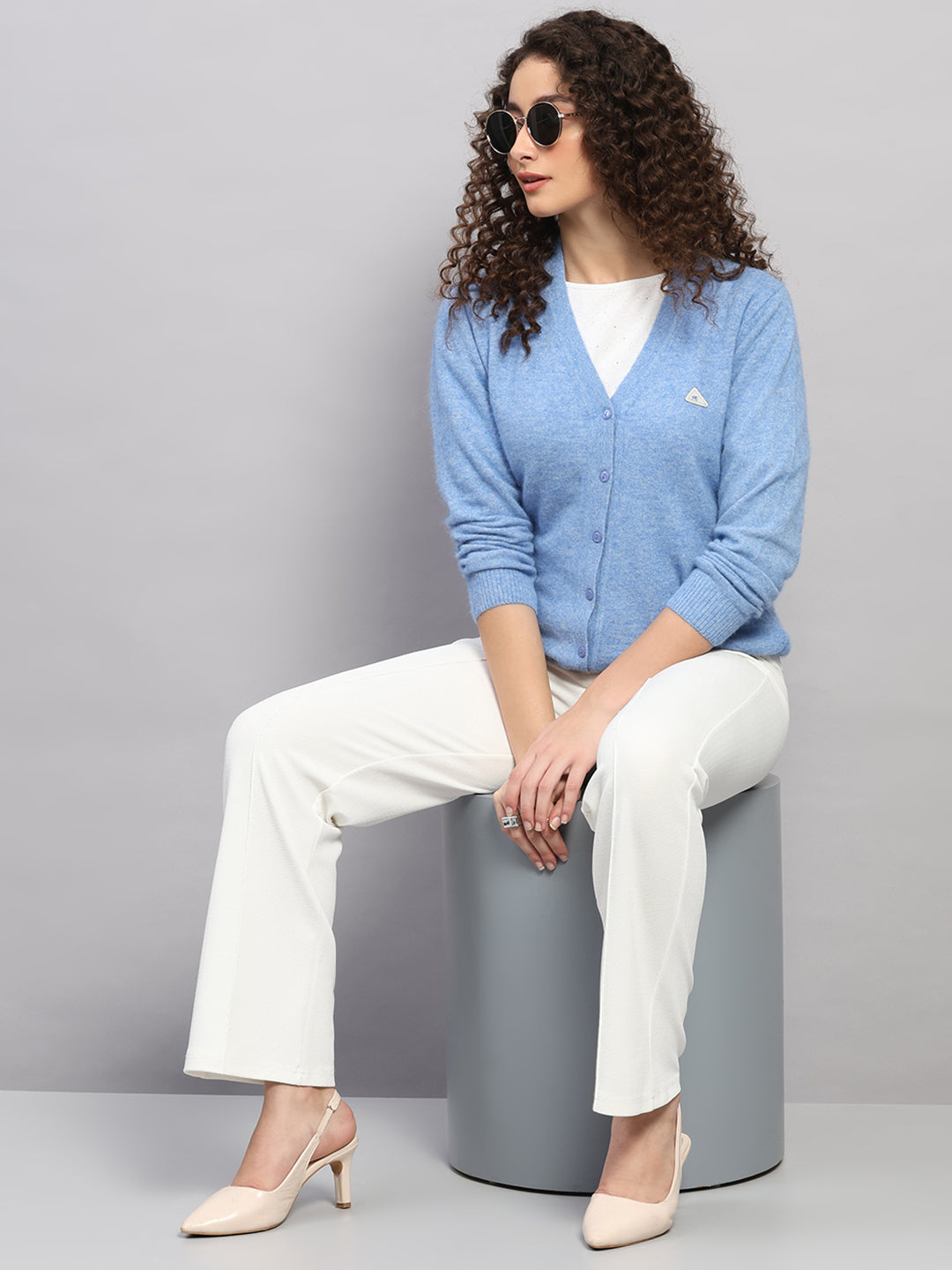 Women Light Blue Solid V Neck Full Sleeve Cardigan