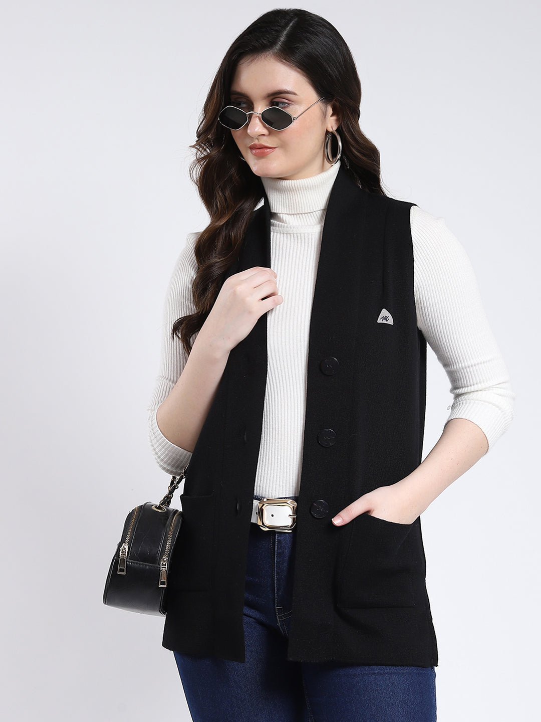 Women Black Solid V Neck Sleeveless Cardigan