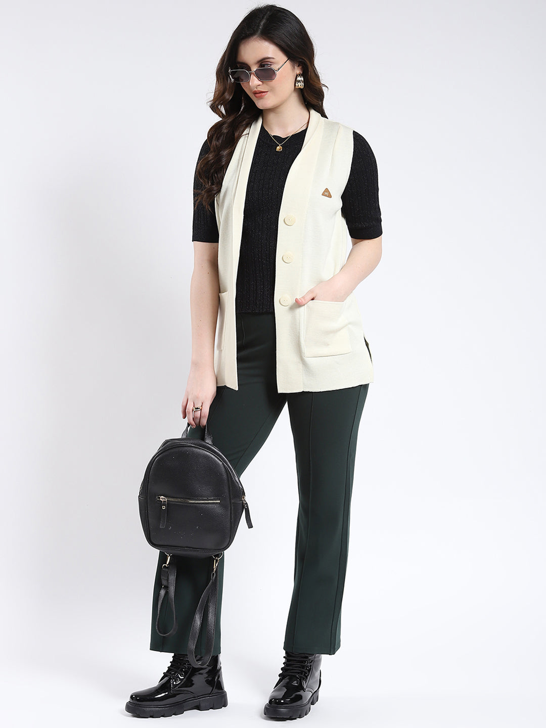 Women White Solid V Neck Sleeveless Cardigan