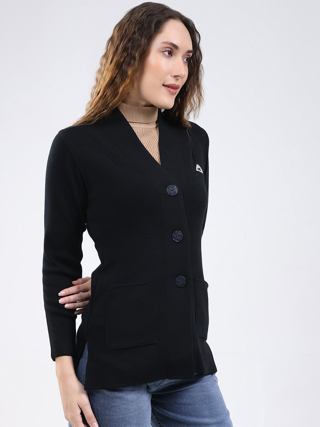 Women Black Solid V Neck Full Sleeve Cardigan
