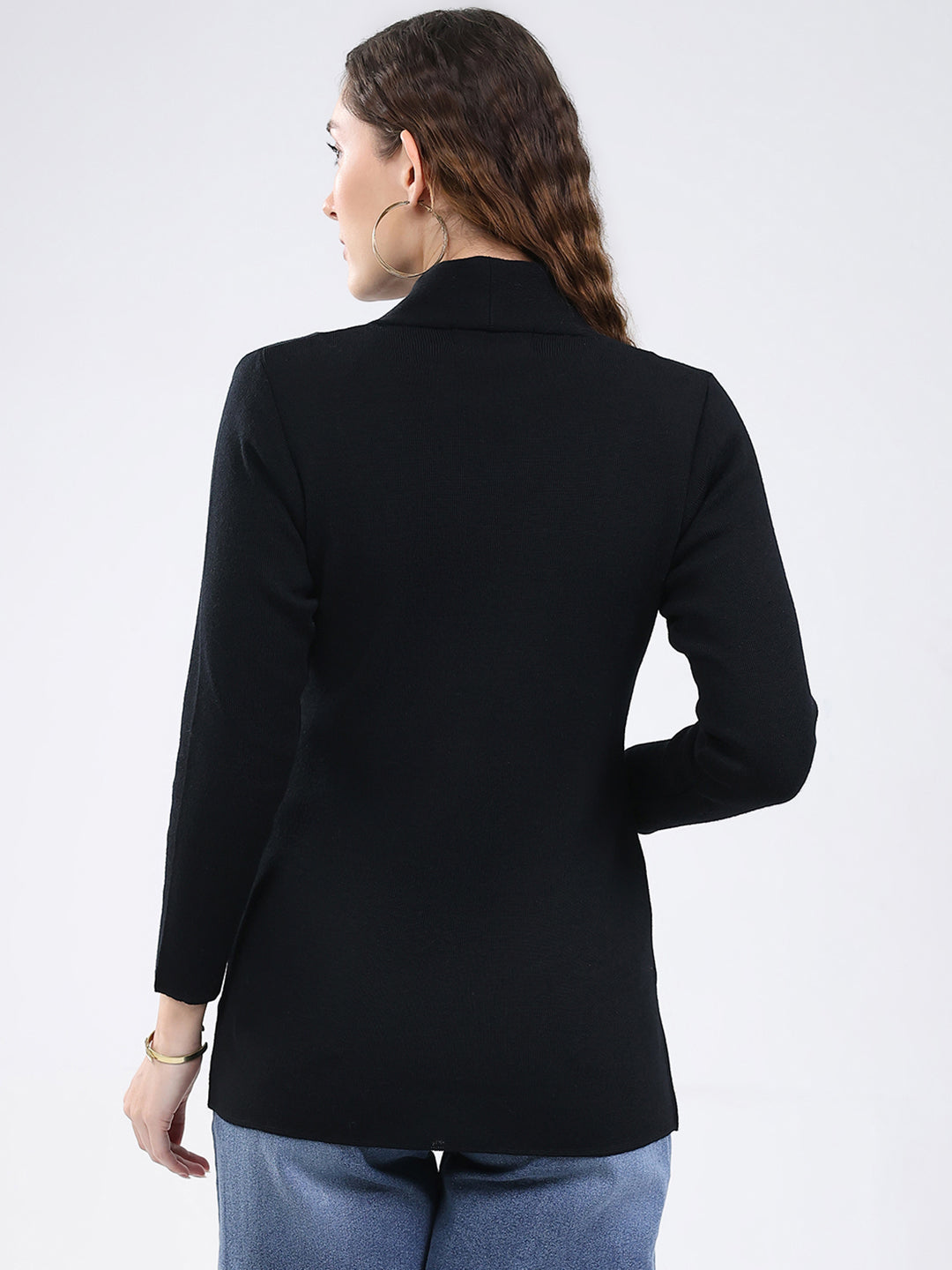 Women Black Solid V Neck Full Sleeve Cardigan