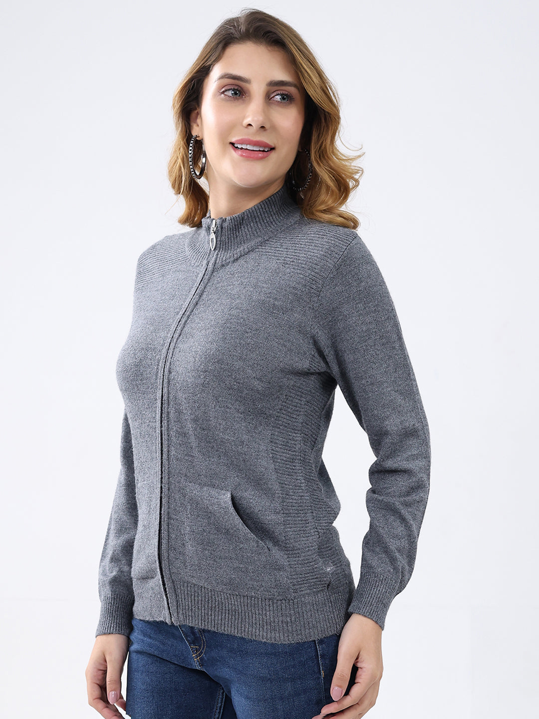 Women Grey Solid Mock Neck Full Sleeve Cardigan