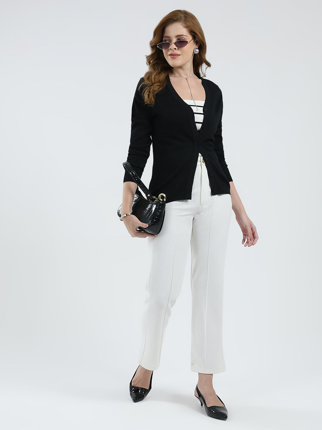 Women Black Solid V Neck Full Sleeve Cardigan