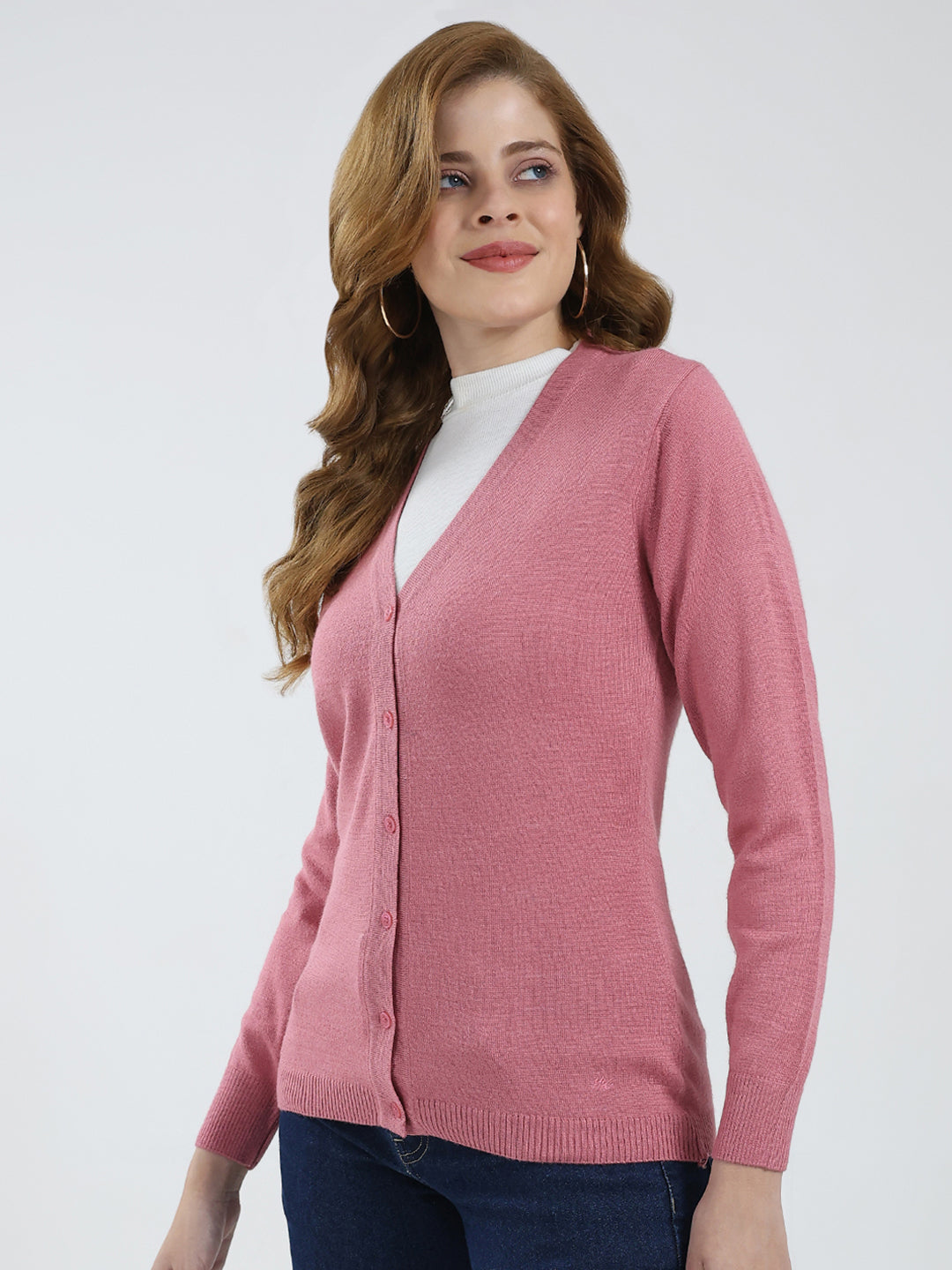 Women Pink Solid V Neck Full Sleeve Cardigan