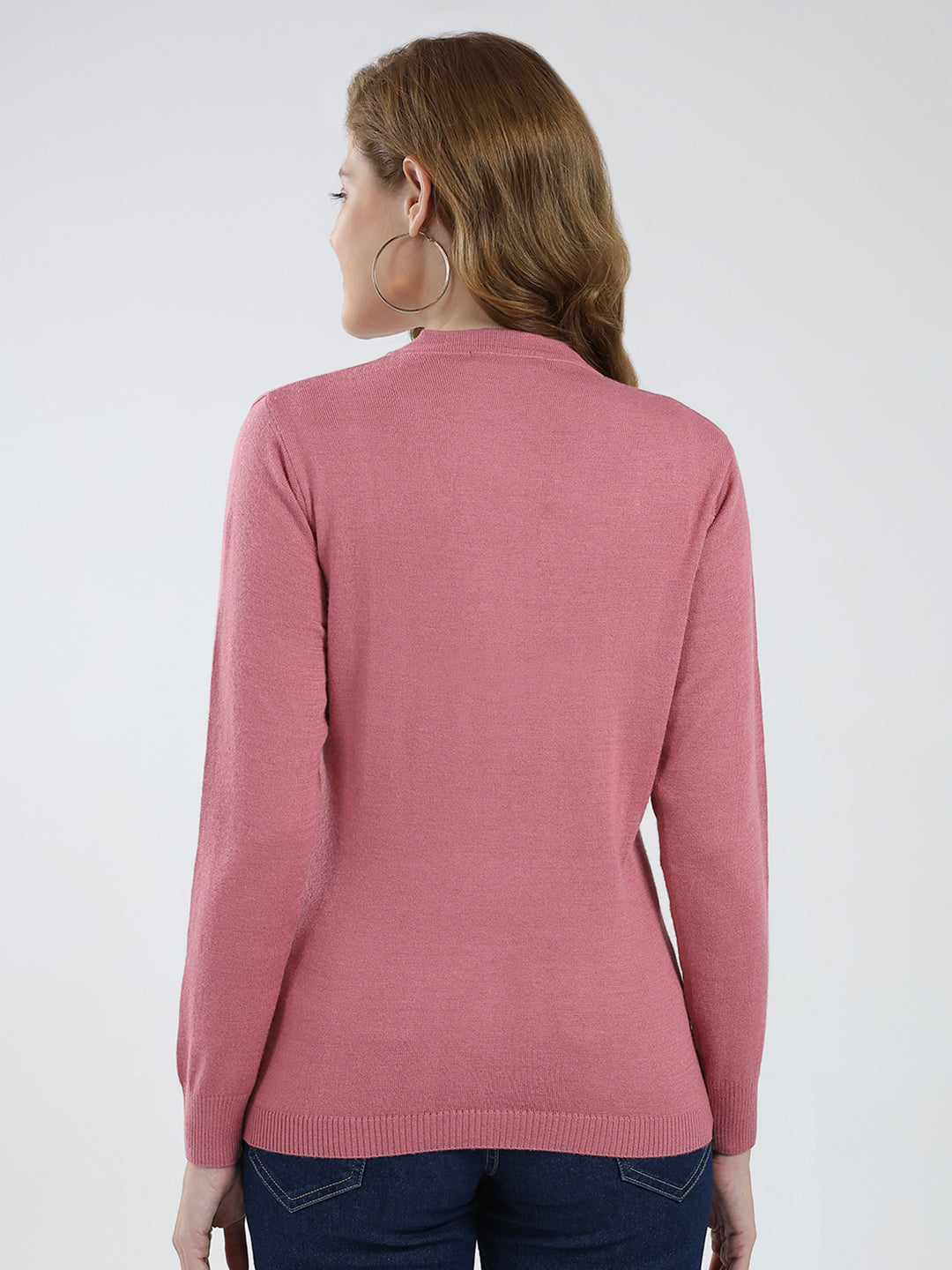 Women Pink Solid V Neck Full Sleeve Cardigan