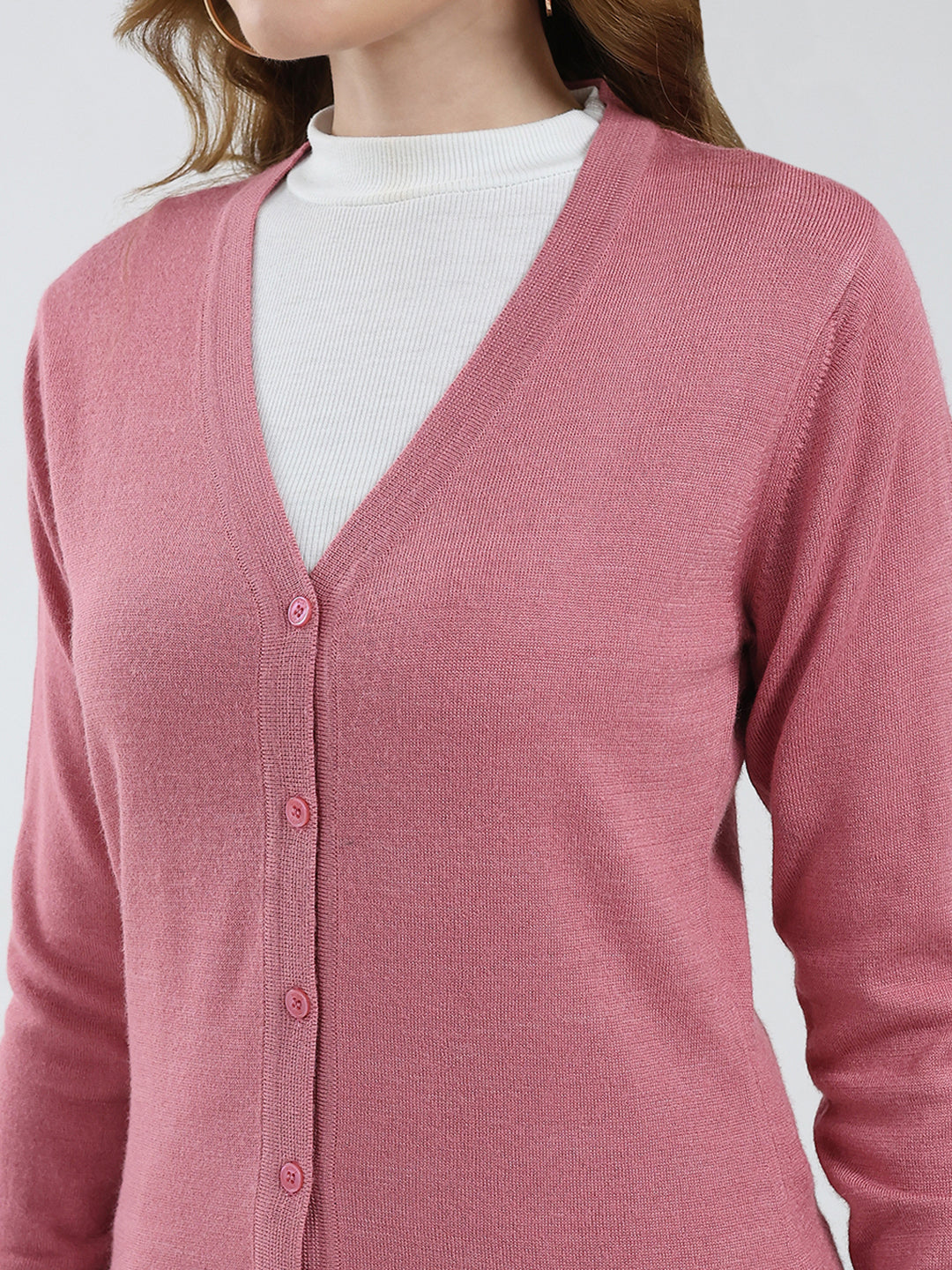 Women Pink Solid V Neck Full Sleeve Cardigan