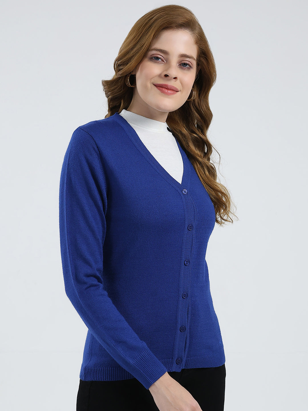 Women Blue Solid V Neck Full Sleeve Cardigan
