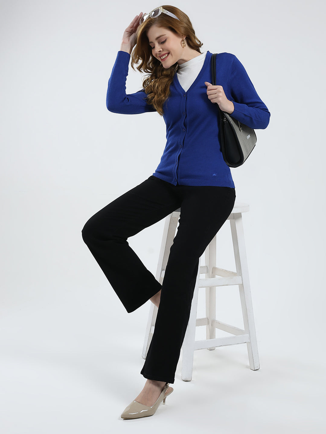 Women Blue Solid V Neck Full Sleeve Cardigan