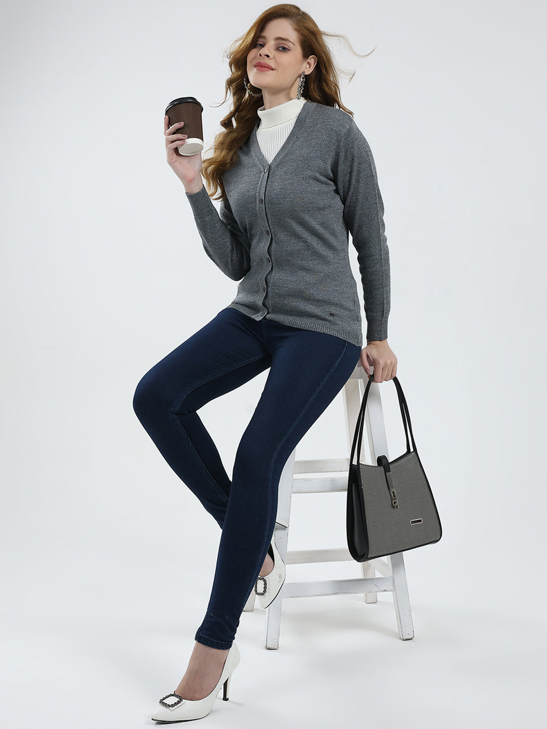 Women Grey Solid V Neck Full Sleeve Cardigan