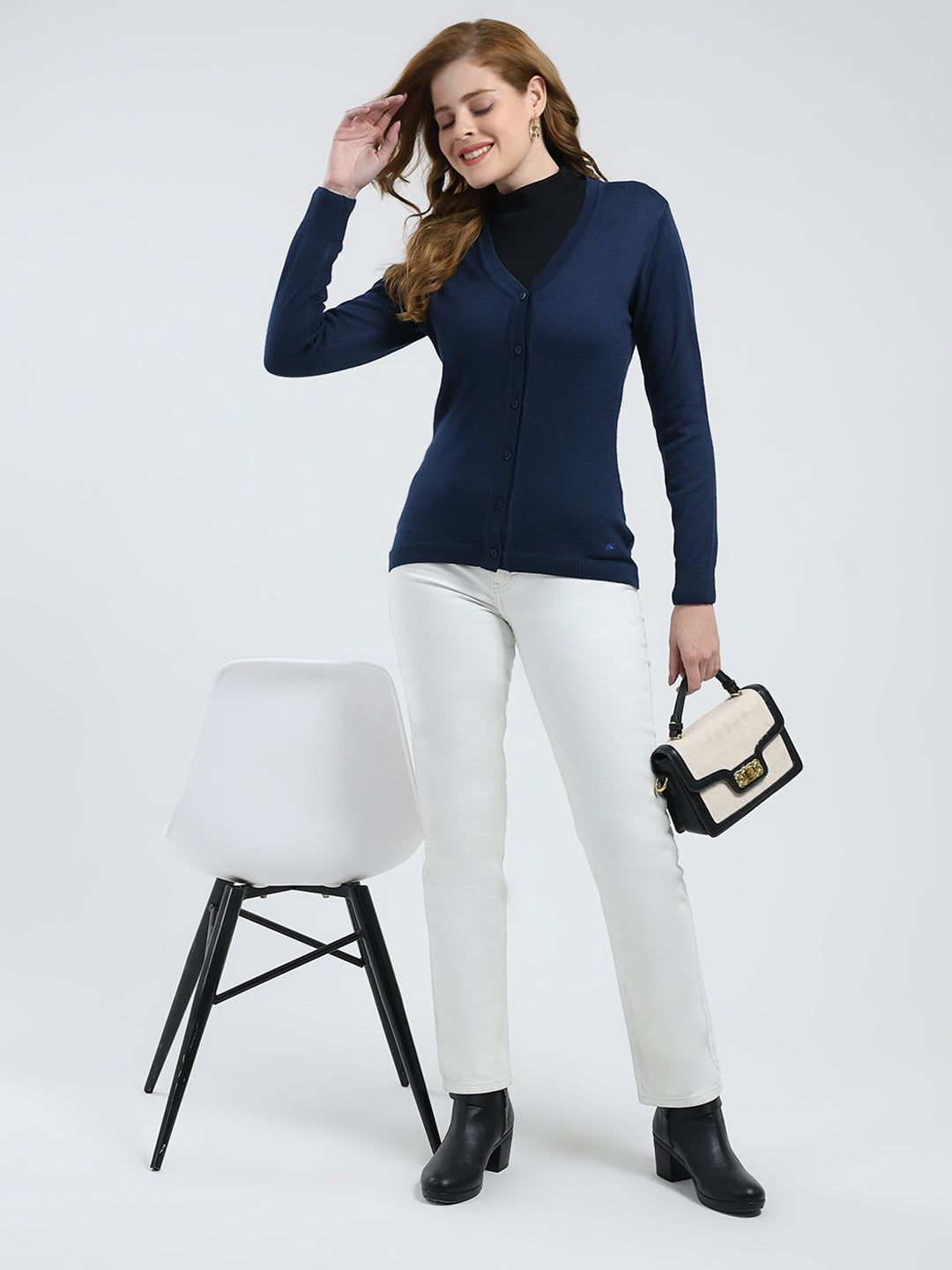 Women Navy Blue Solid V Neck Full Sleeve Cardigan