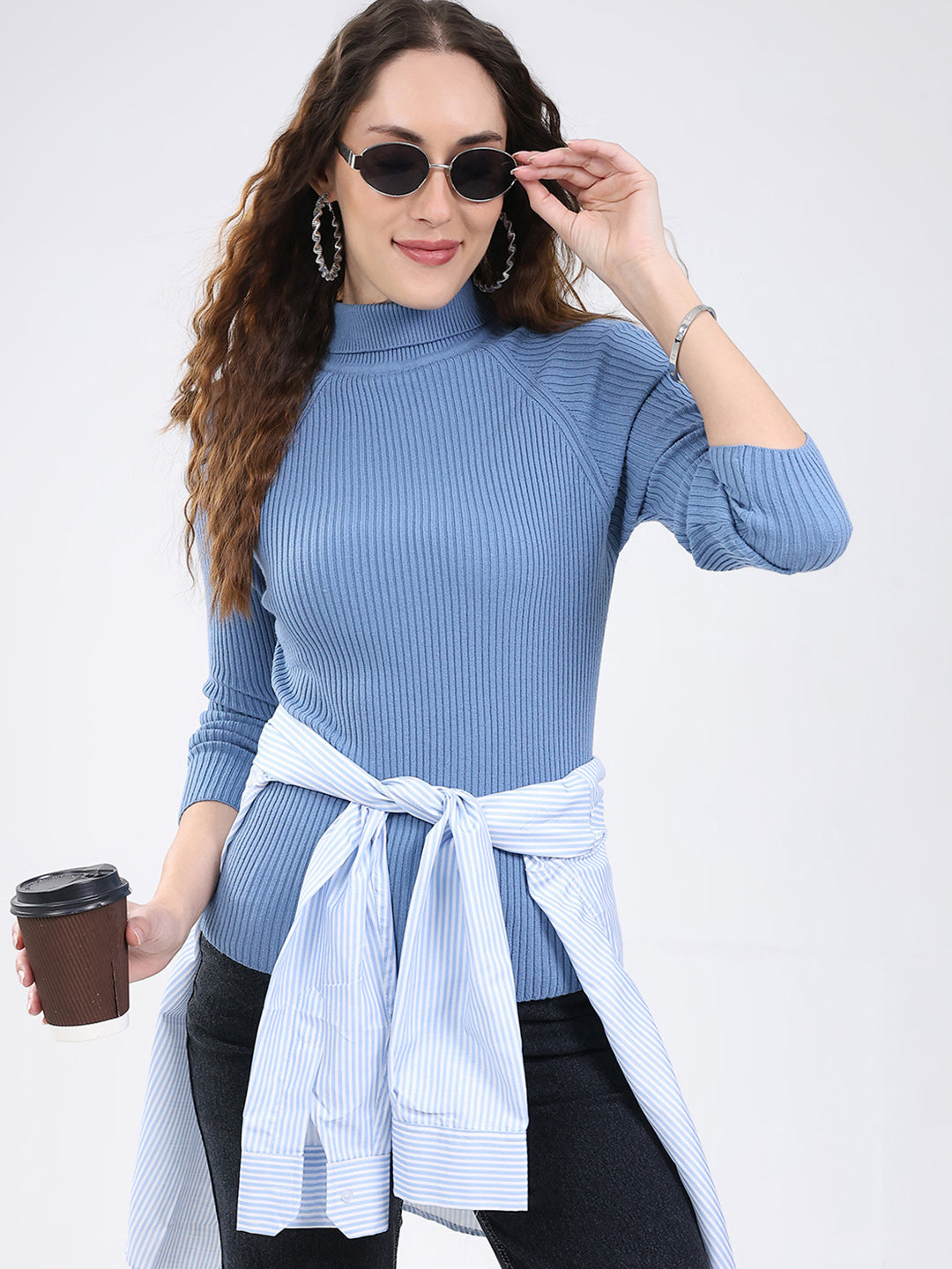 Women Blue Solid Round Neck Full Sleeve Sceavy