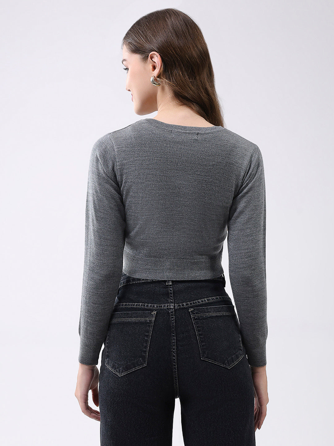 Women Grey Solid V Neck Full Sleeve Cardigan