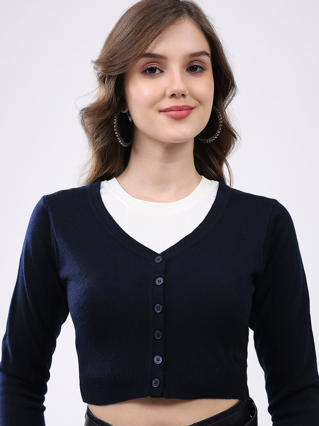 Women Navy Blue Solid V Neck Full Sleeve Cardigan