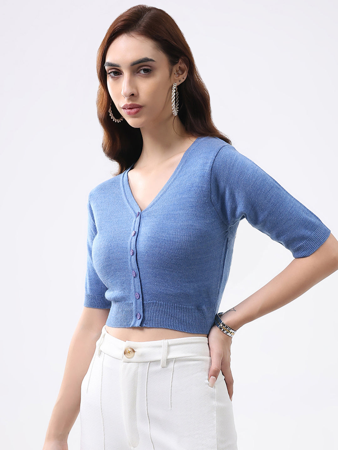 Women Blue Solid V Neck Half Sleeve Cardigan