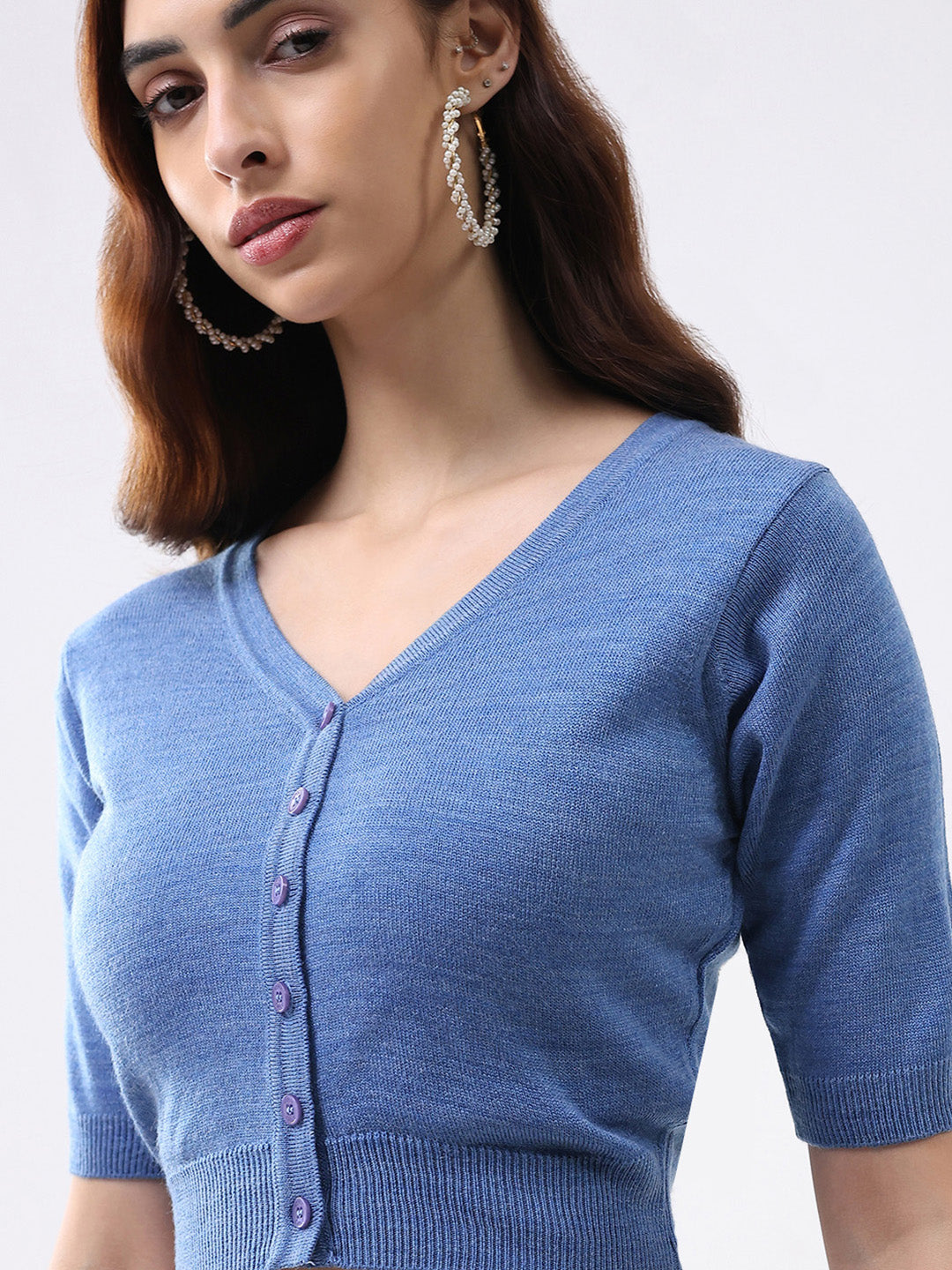 Women Blue Solid V Neck Half Sleeve Cardigan
