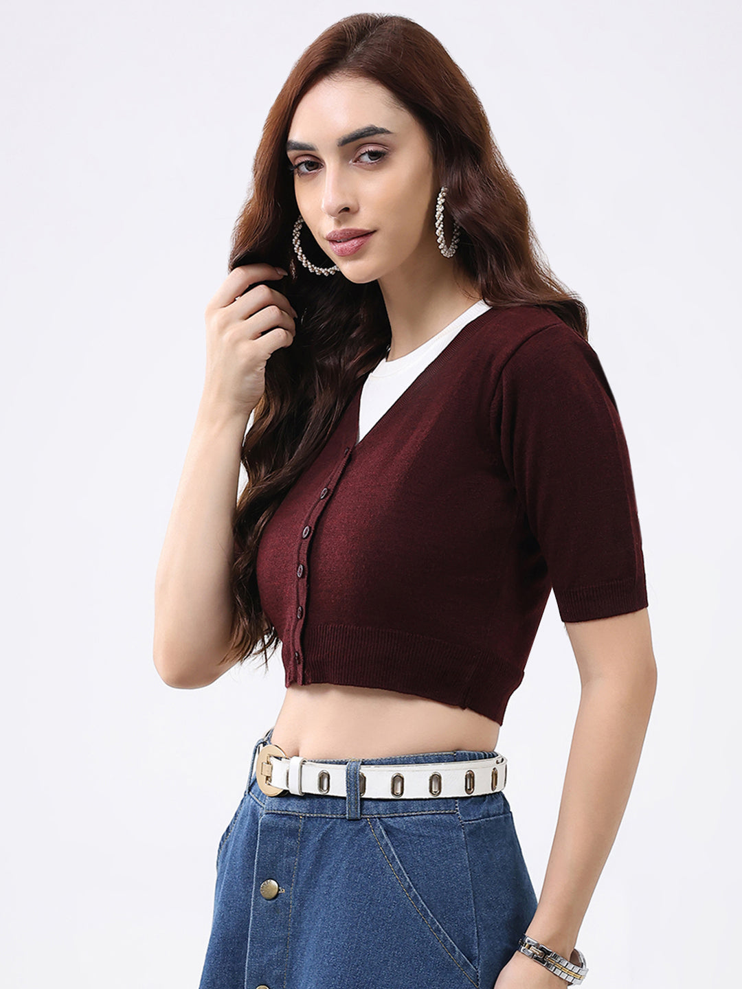 Women Maroon Solid V Neck Half Sleeve Cardigan