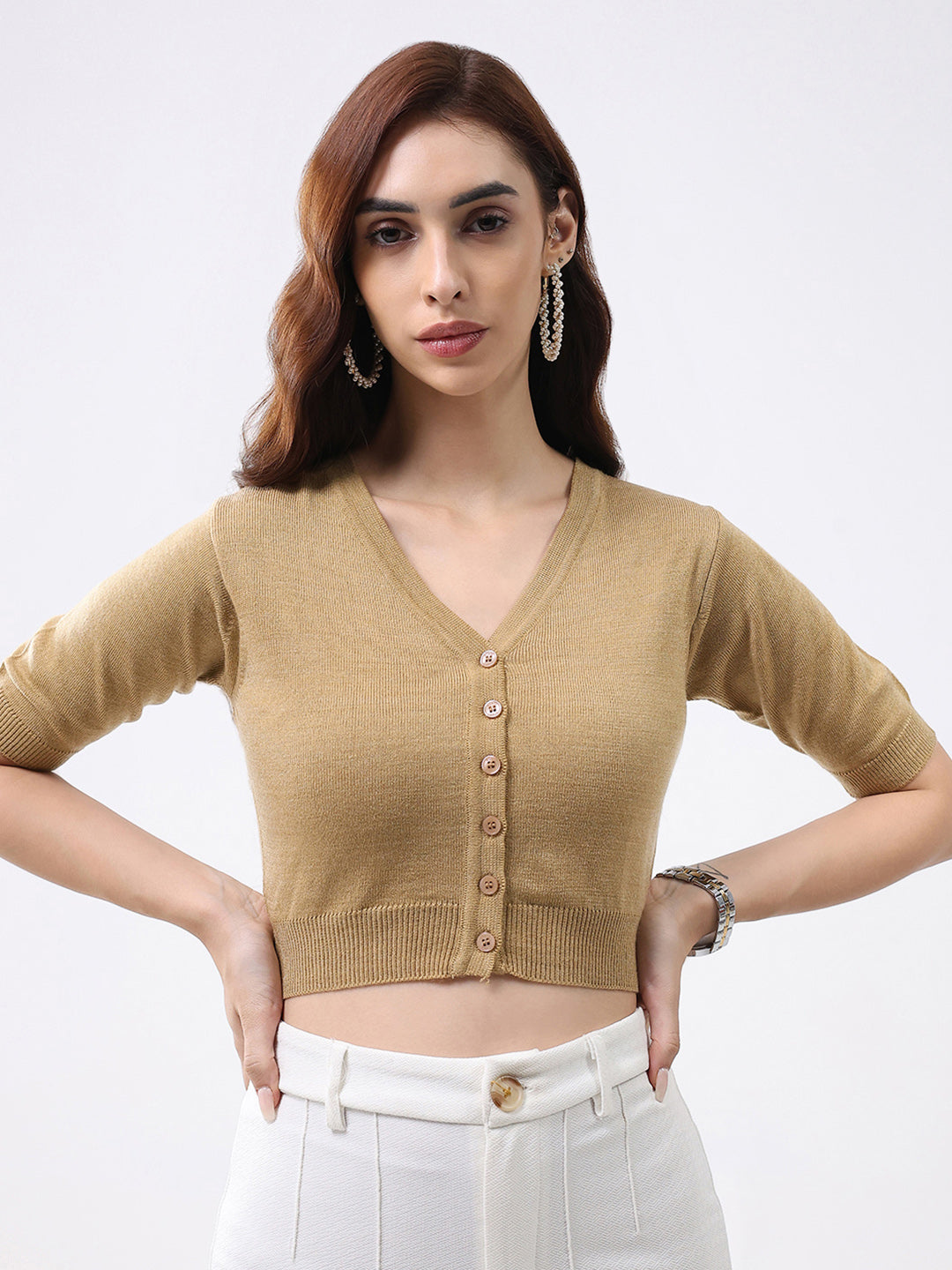 Women Khaki Solid V Neck Half Sleeve Cardigan