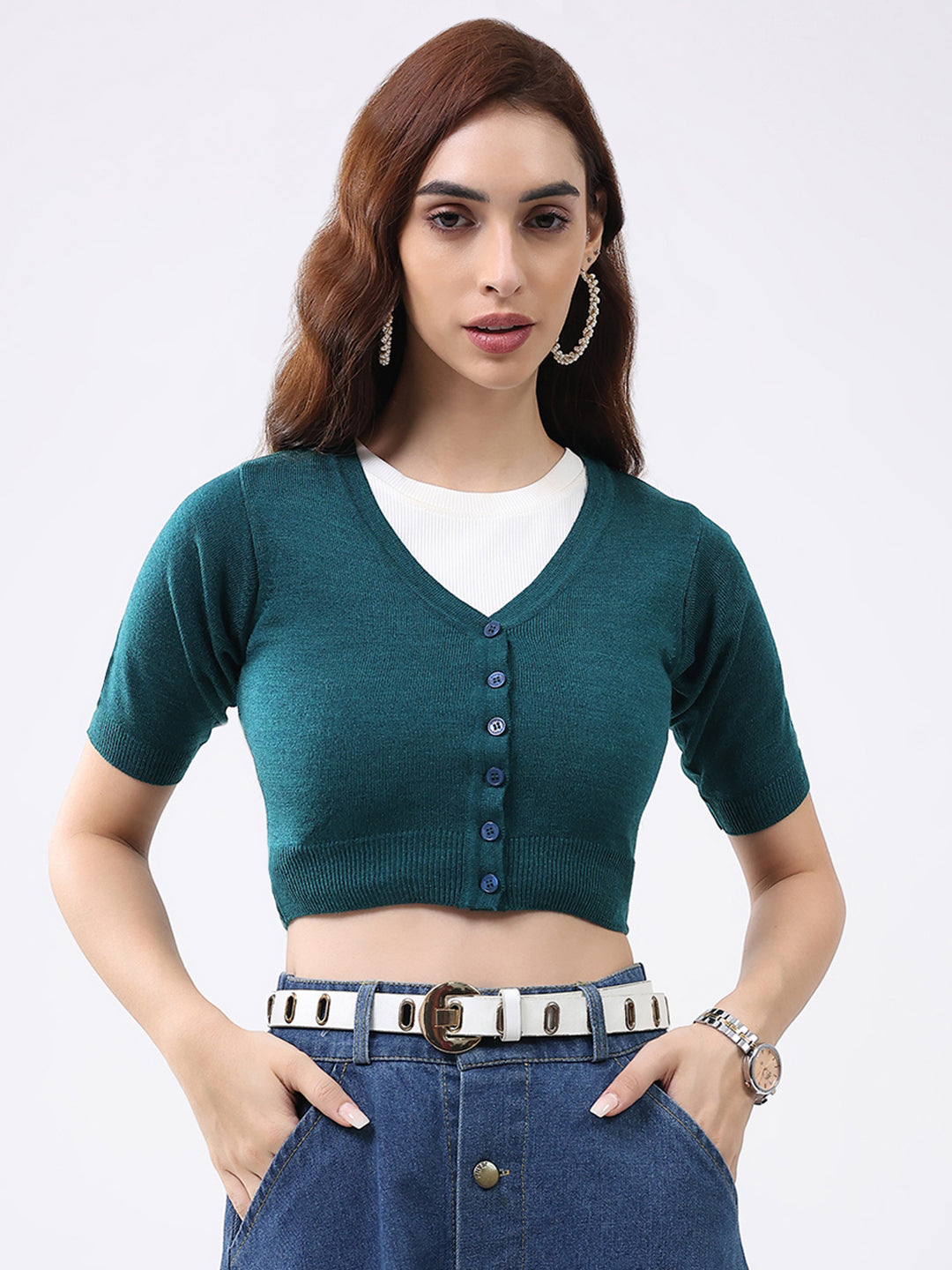 Women Teal Green Solid V Neck Half Sleeve Cardigan