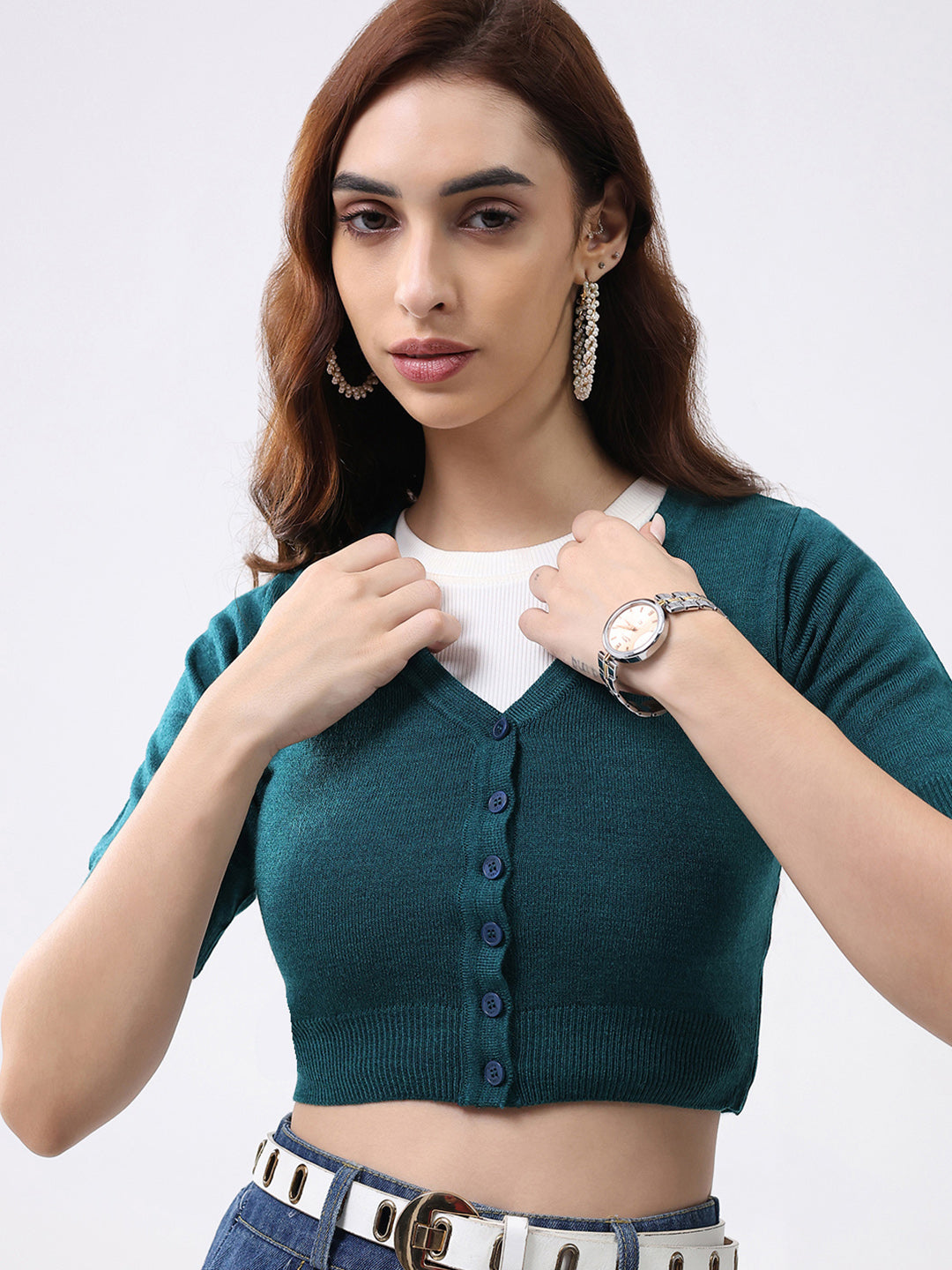 Women Teal Green Solid V Neck Half Sleeve Cardigan