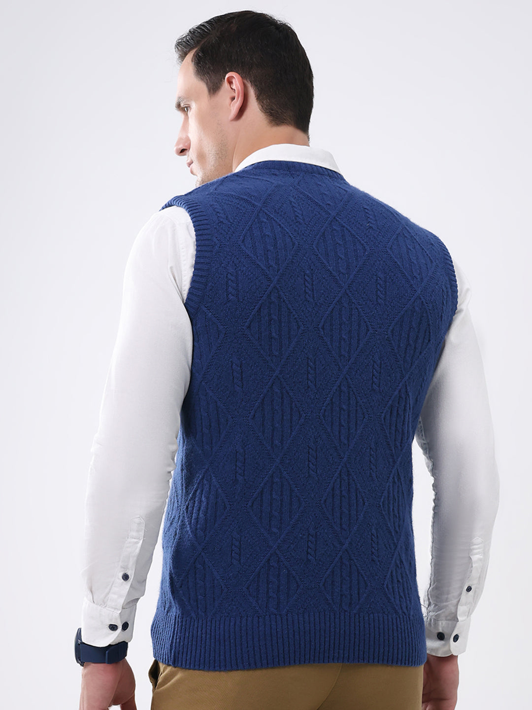 Men Blue Self Design V Neck Sleeveless Sweater