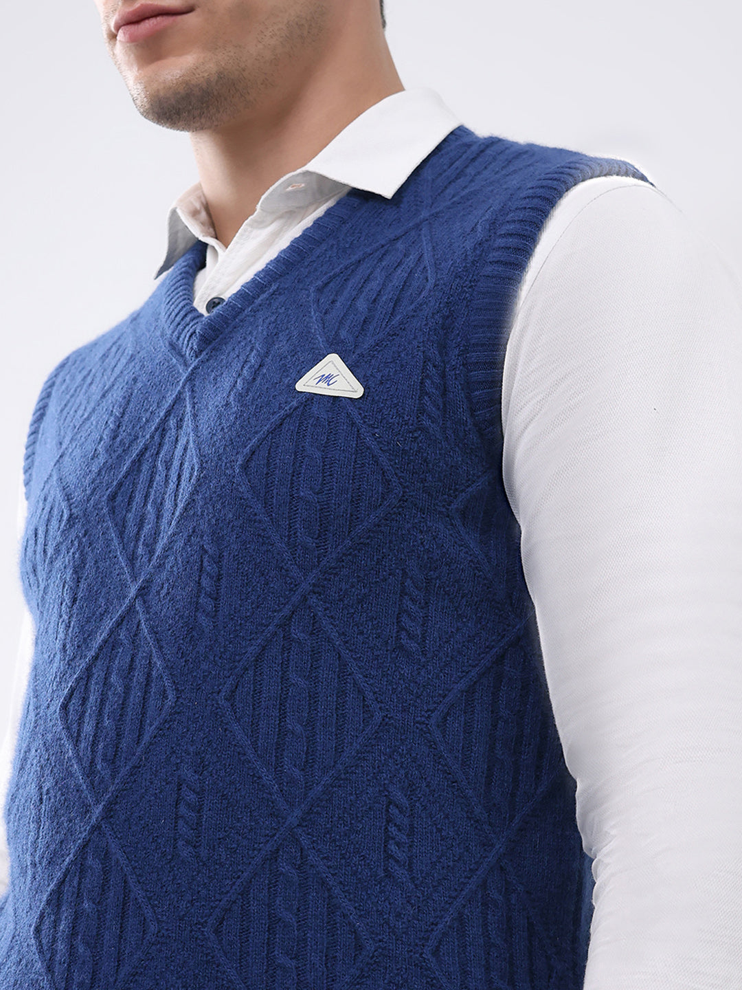 Men Blue Self Design V Neck Sleeveless Sweater
