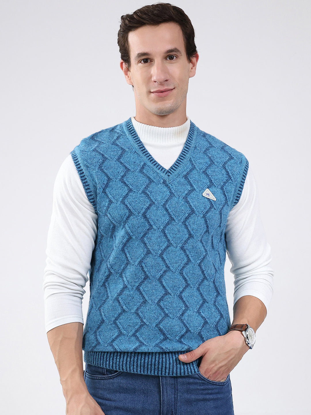 Men Blue Self Design V Neck Sleeveless Sweater