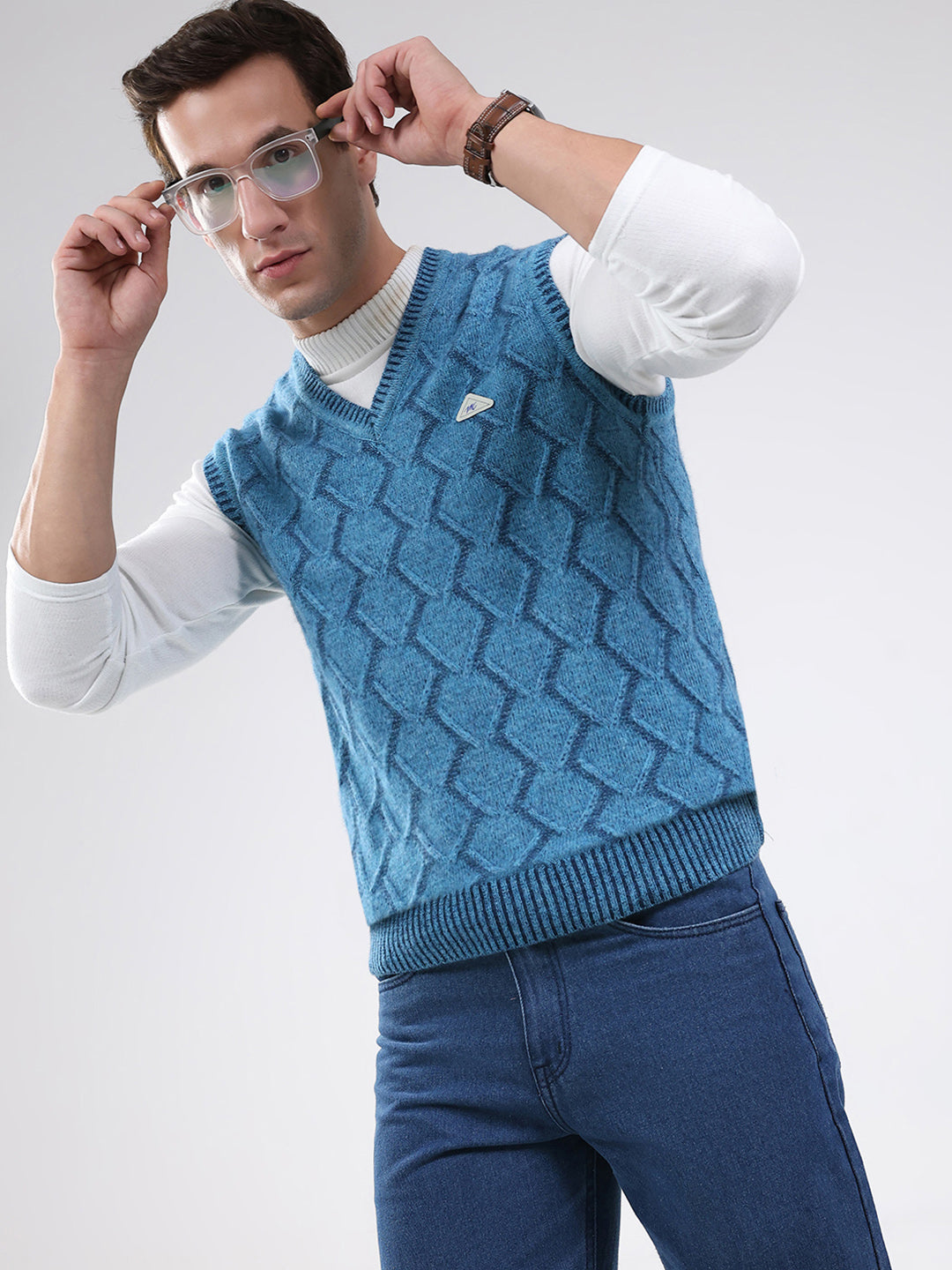 Men Blue Self Design V Neck Sleeveless Sweater