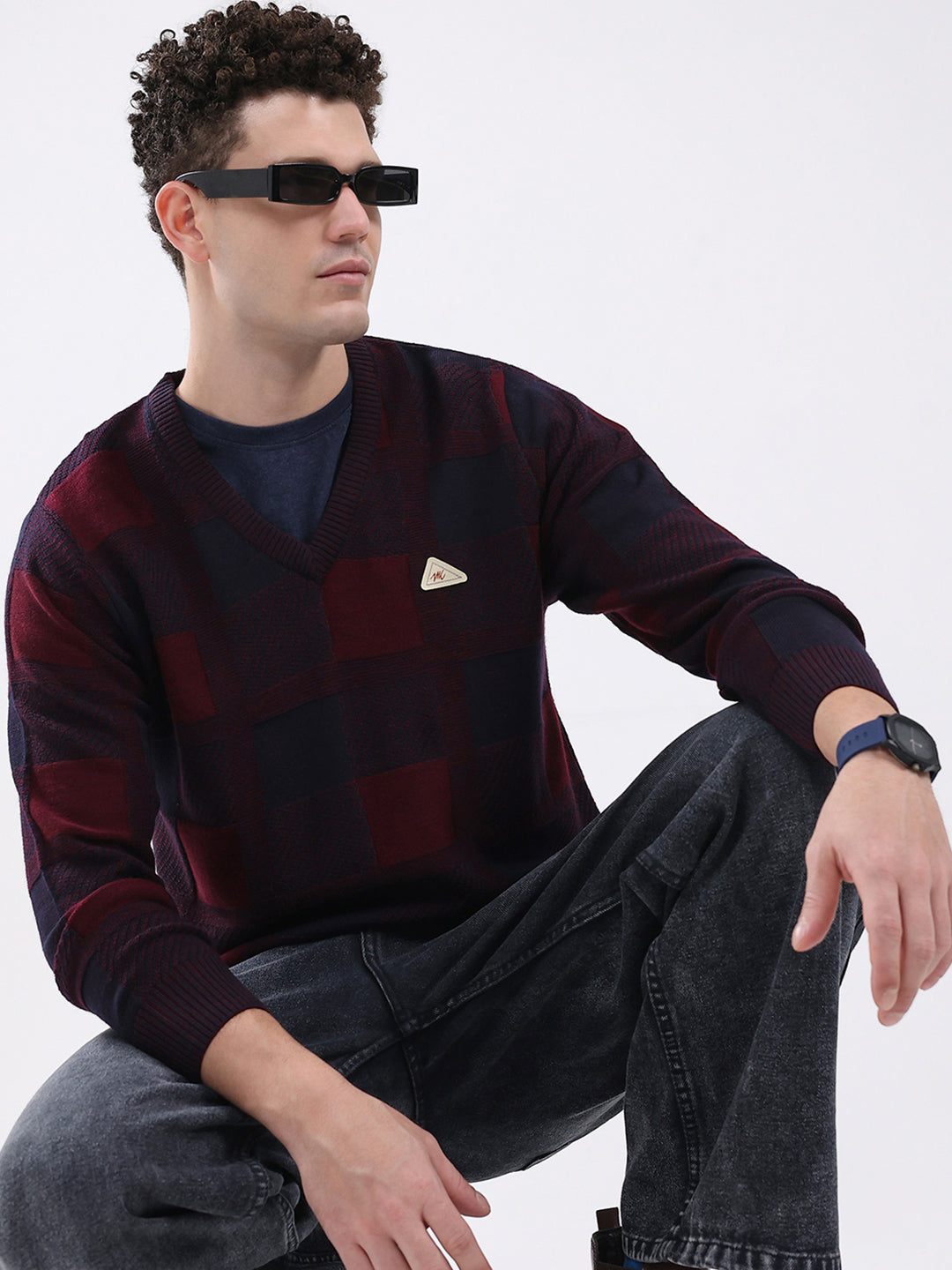 Men Maroon & Navy Blue Self Design V Neck Full Sleeve Pullover