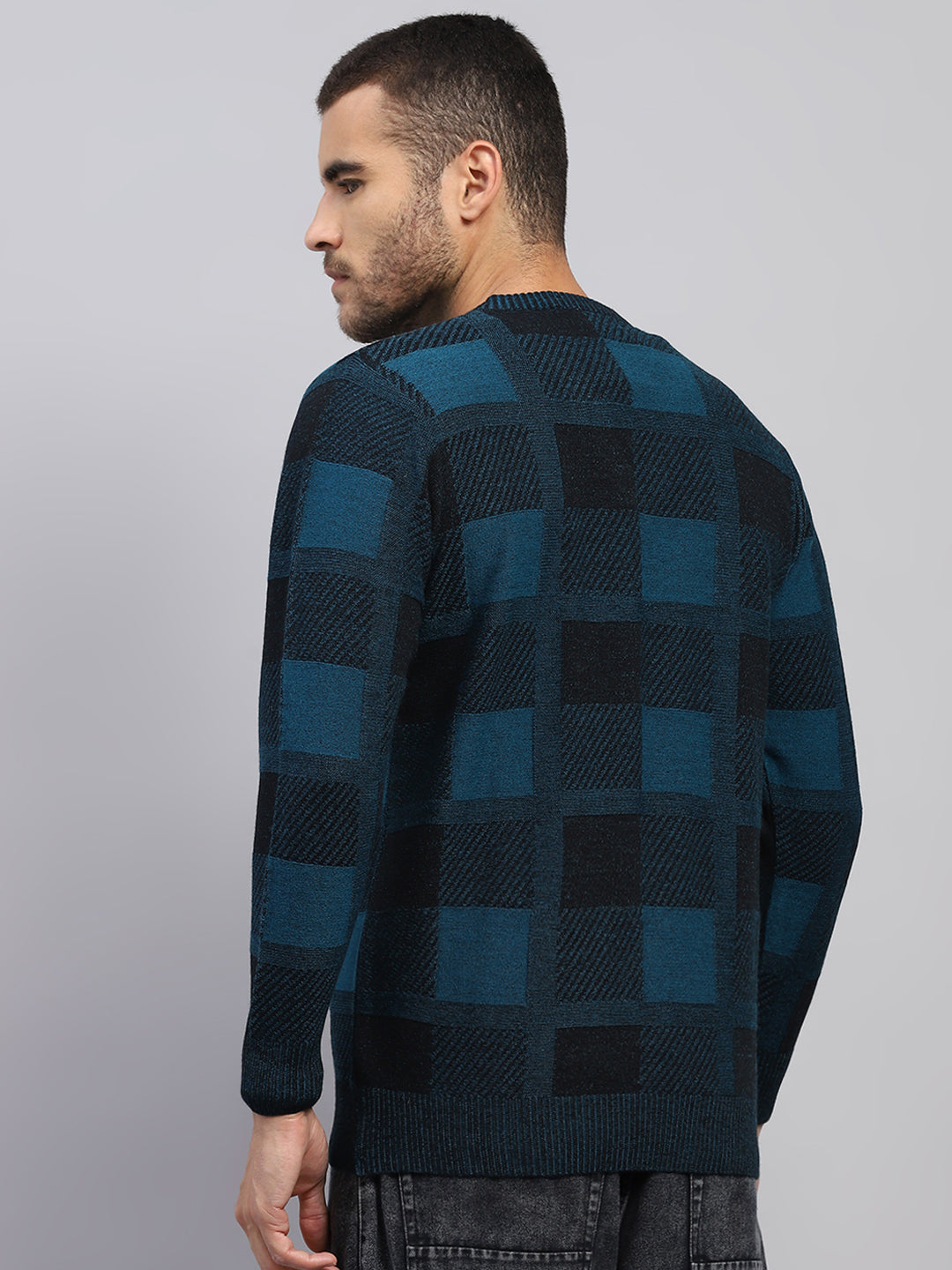 Men Blue Printed V Neck Full Sleeve Pullover