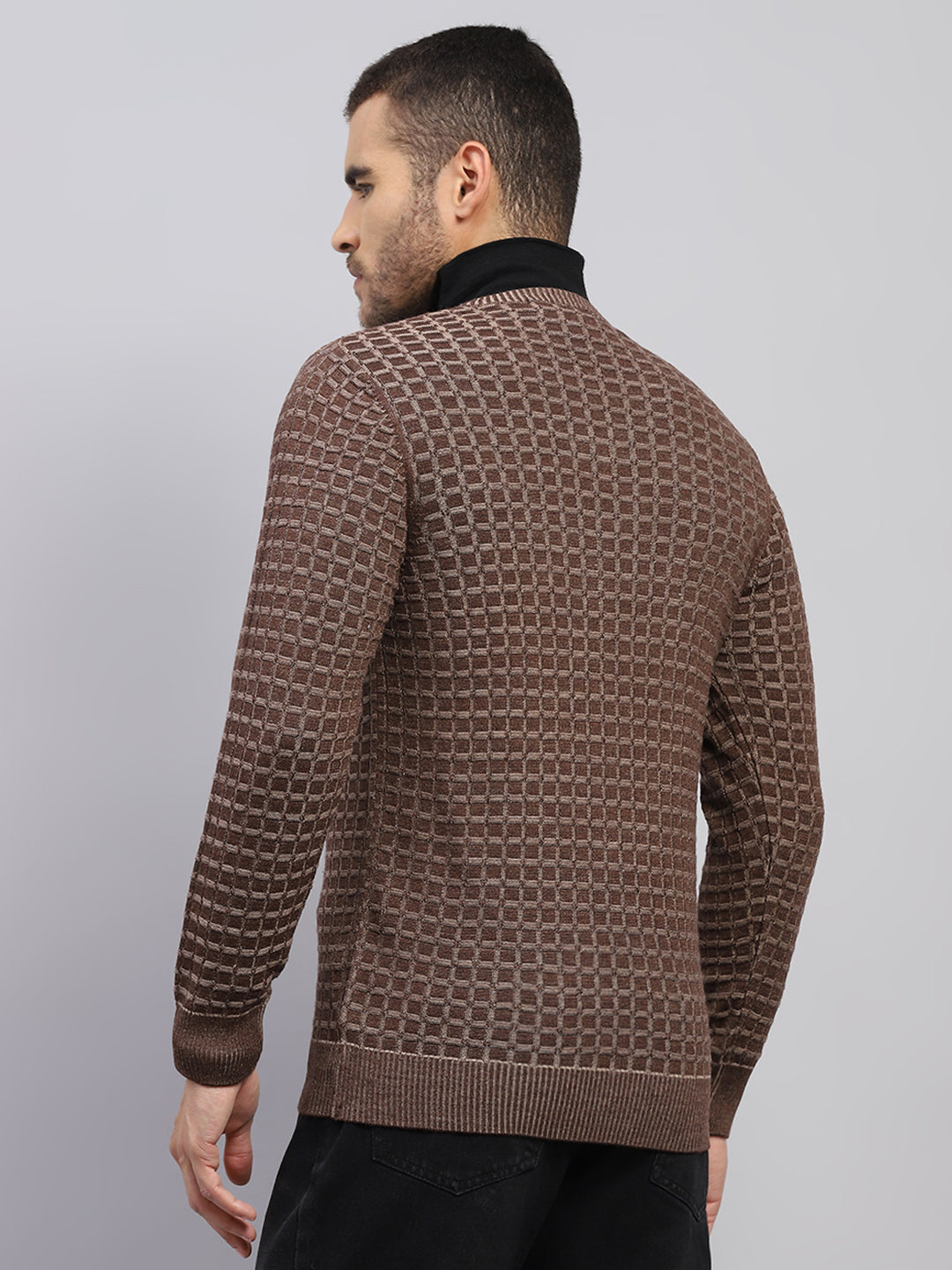 Men Brown Self Design V Neck Full Sleeve Pullover