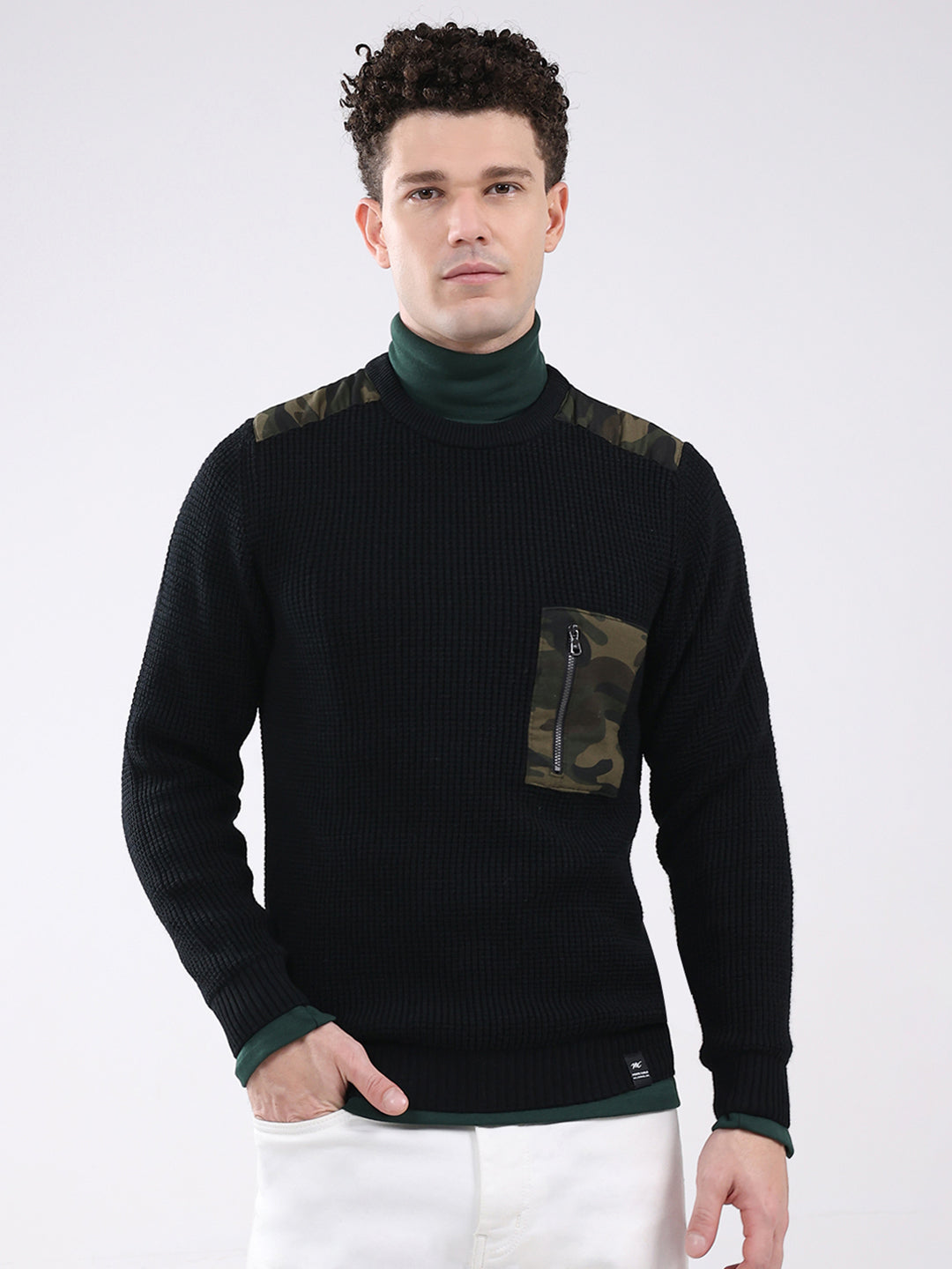 Men Black Self Design Round Neck Full Sleeve Pullover