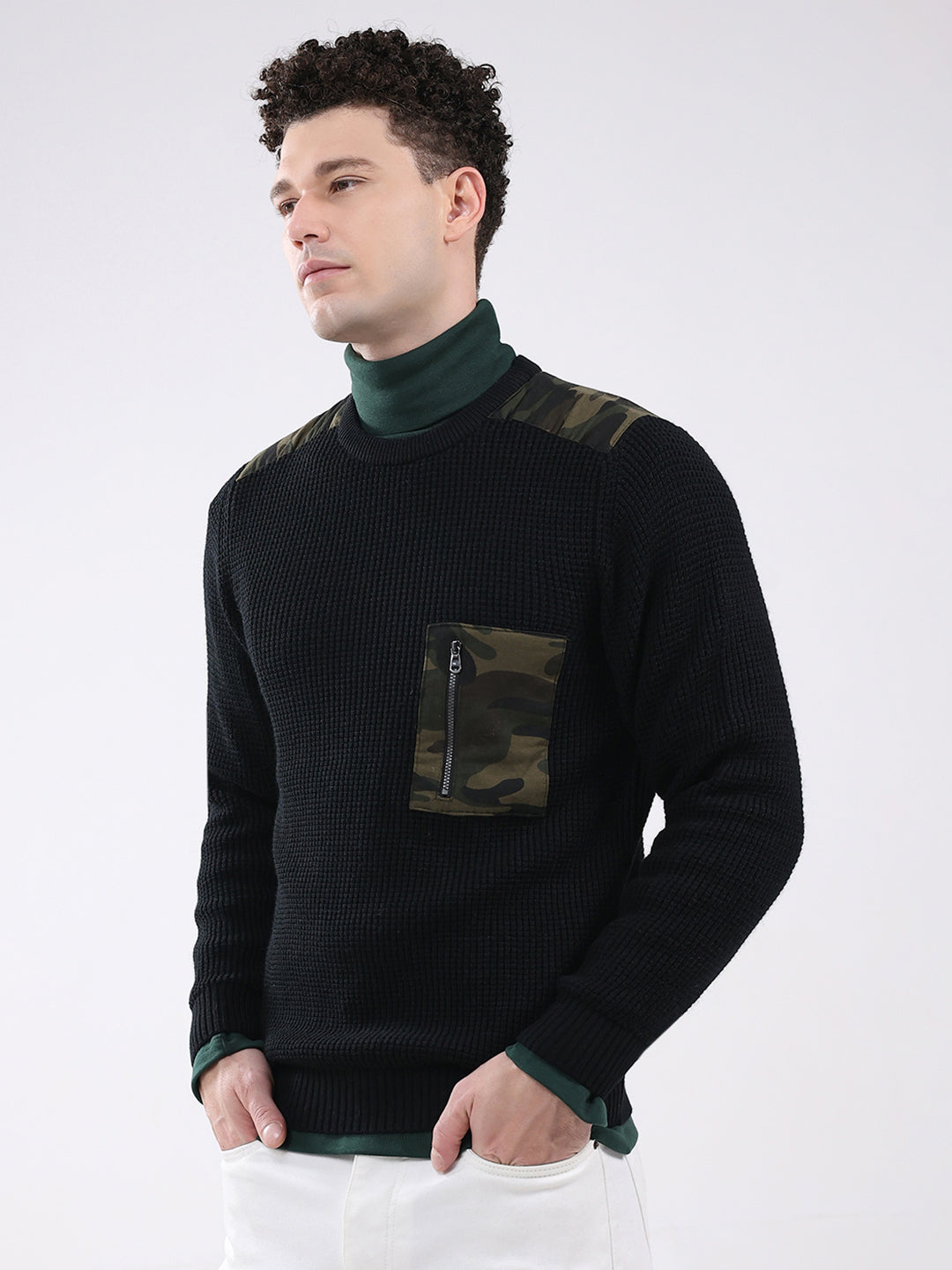Men Black Self Design Round Neck Full Sleeve Pullover