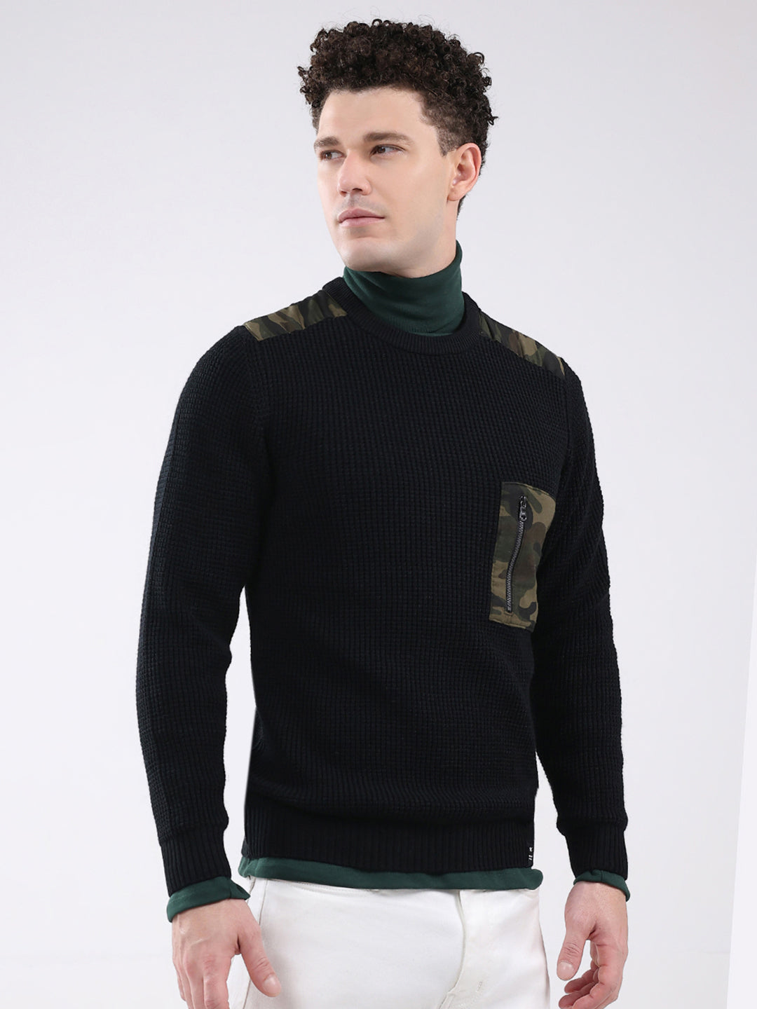 Men Black Self Design Round Neck Full Sleeve Pullover