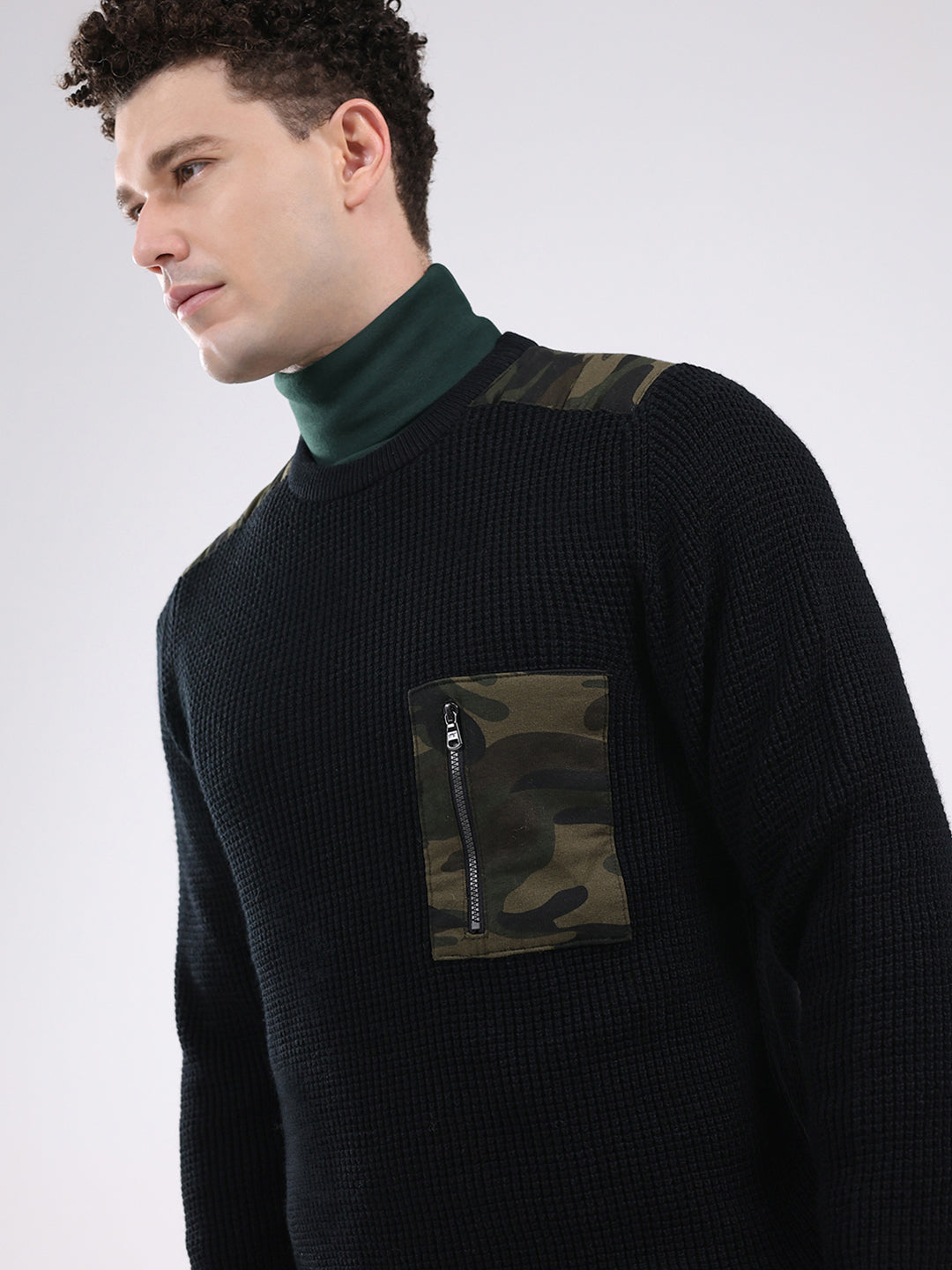 Men Black Self Design Round Neck Full Sleeve Pullover