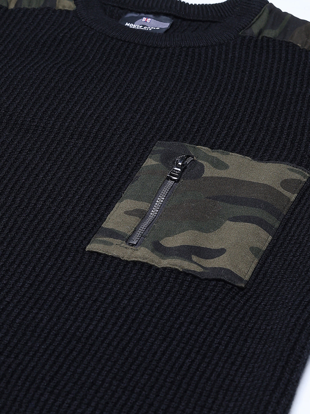 Men Black Self Design Round Neck Full Sleeve Pullover