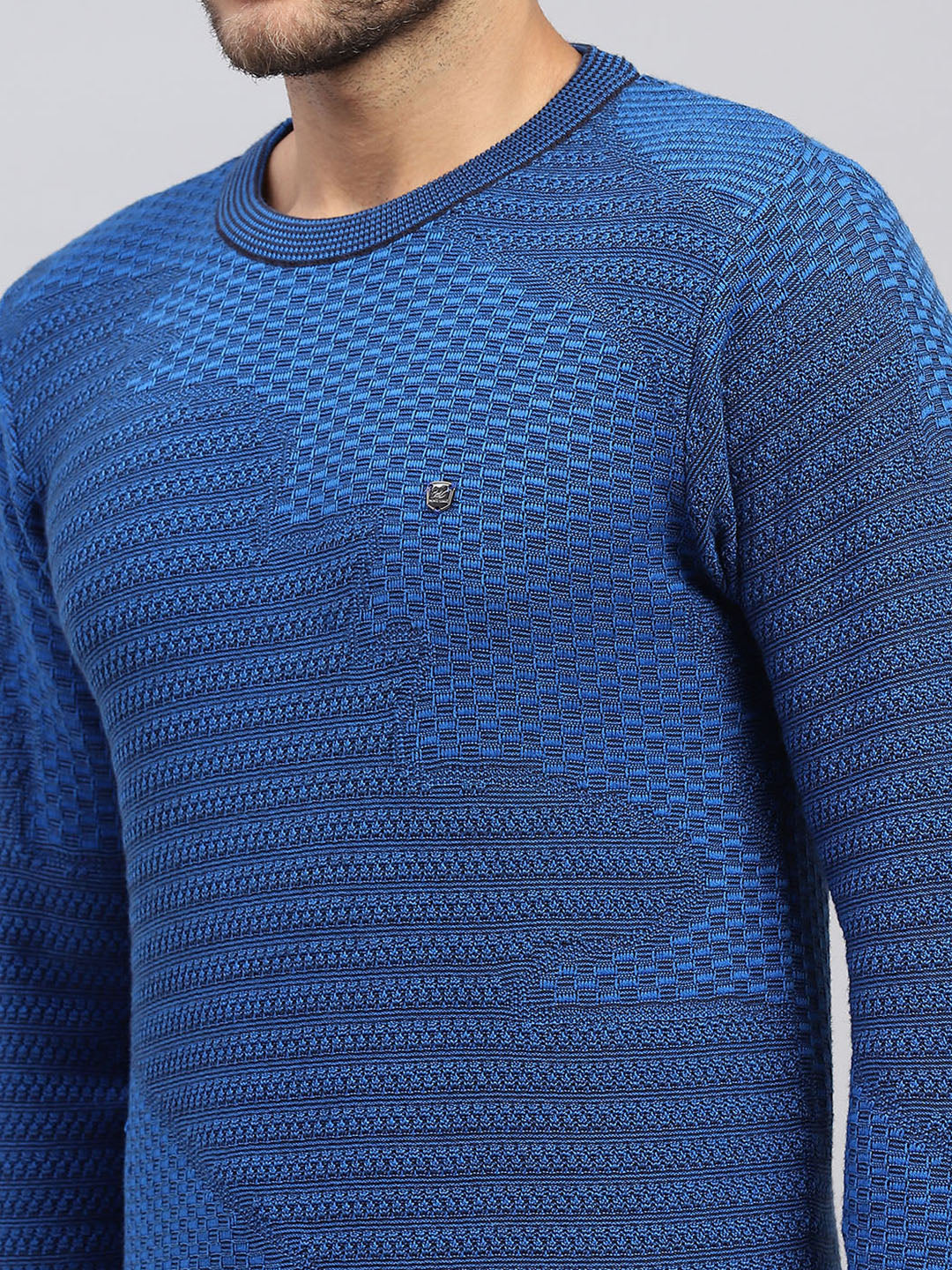 Men Blue Self Design Round Neck Full Sleeve Pullover
