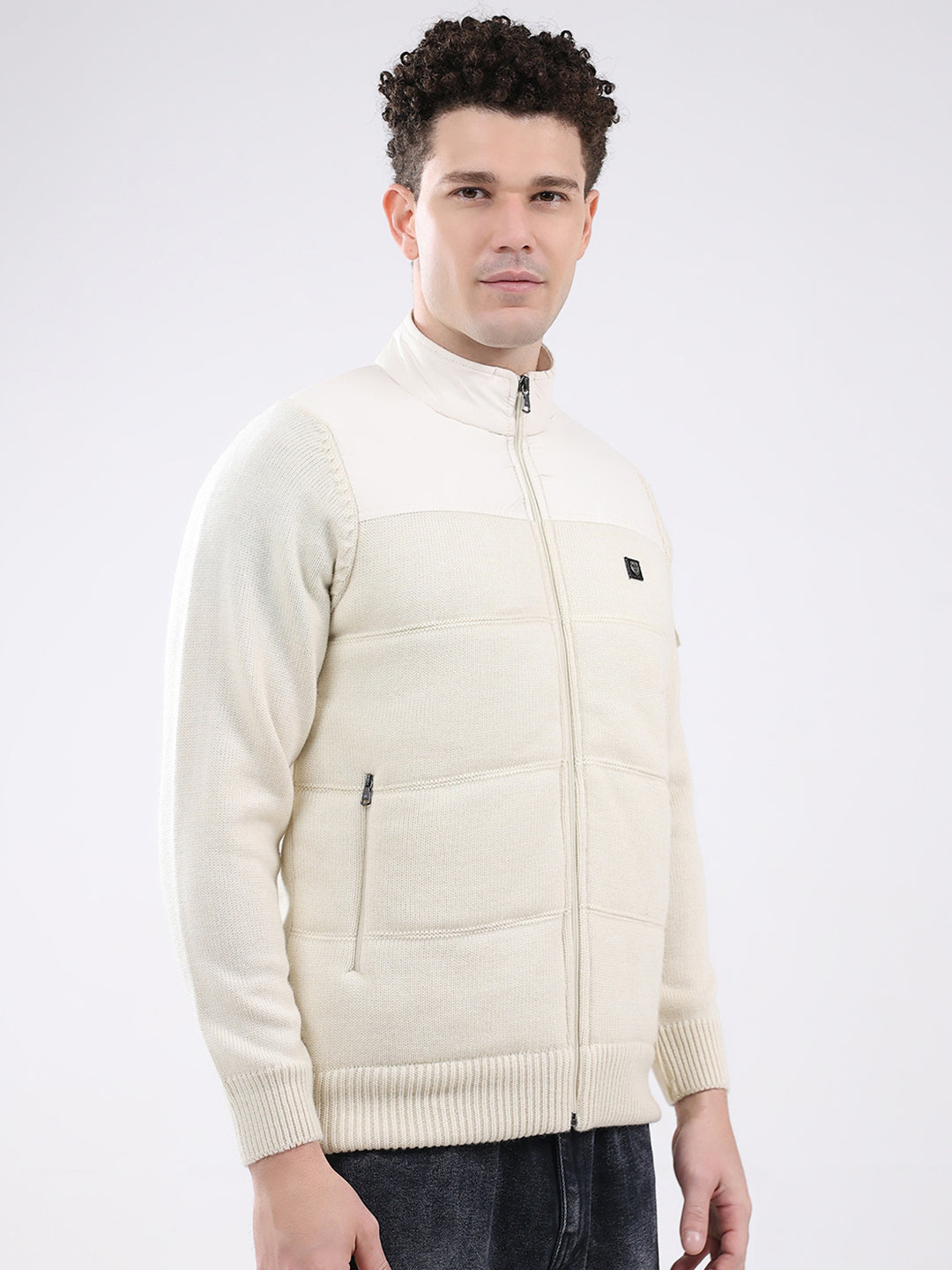 Men White Self Design Mock Neck Full Sleeve Jacket