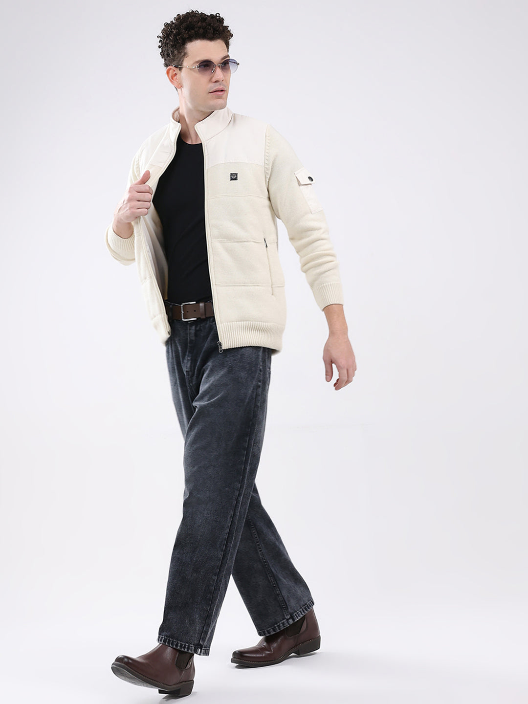 Men White Self Design Mock Neck Full Sleeve Jacket