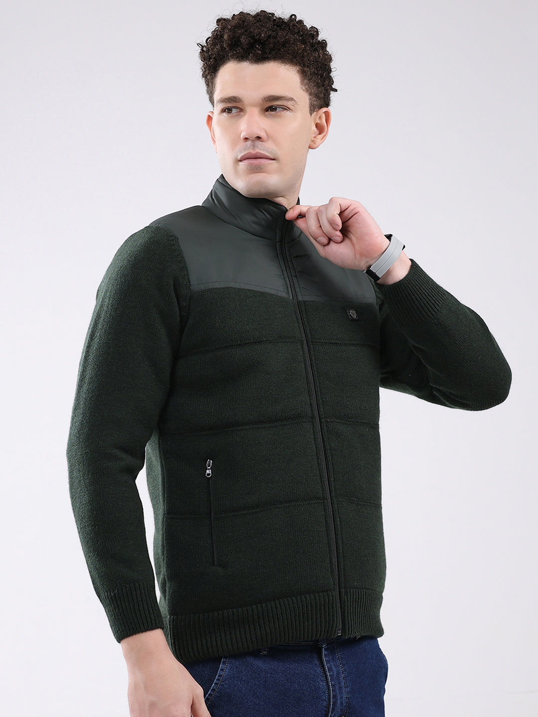 Men Green Self Design Mock Neck Full Sleeve Jacket