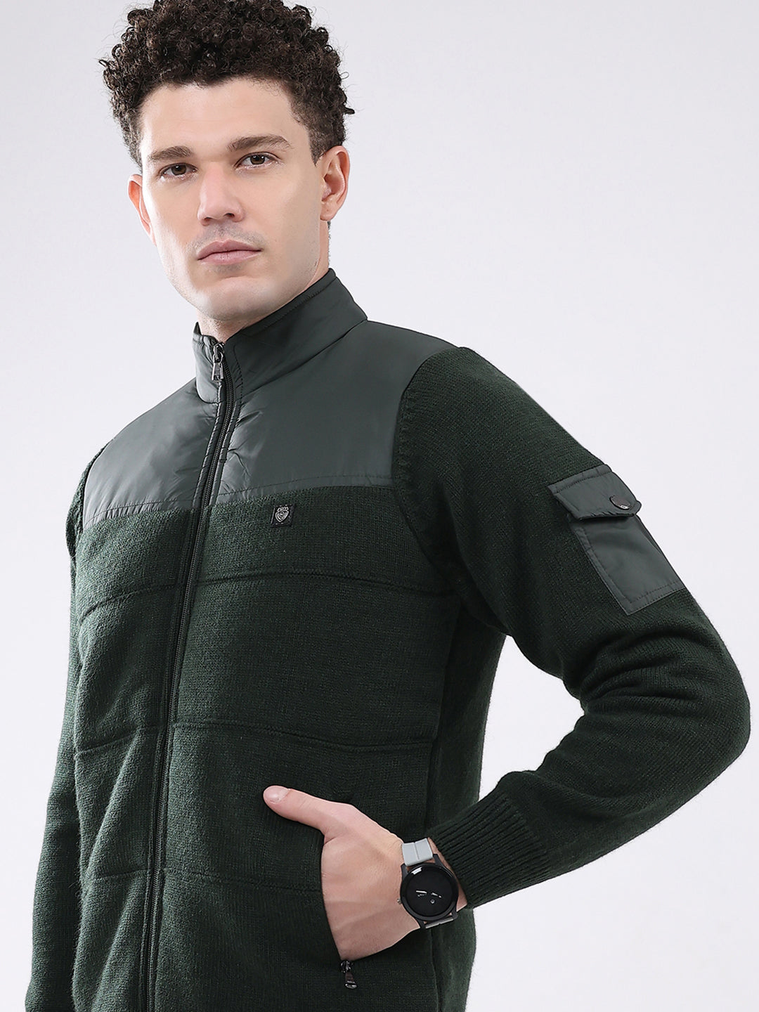 Men Green Self Design Mock Neck Full Sleeve Jacket