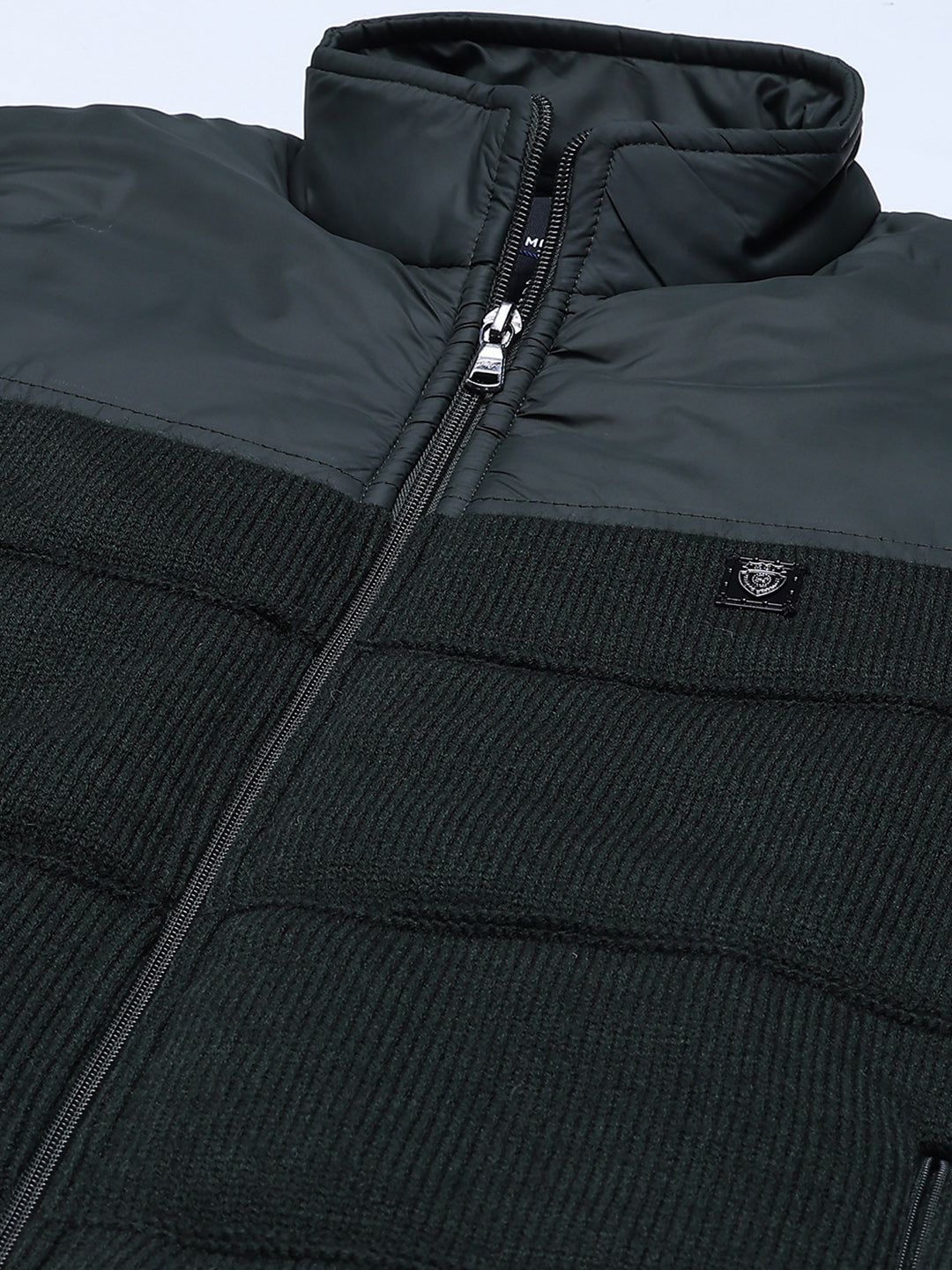 Men Green Self Design Mock Neck Full Sleeve Jacket