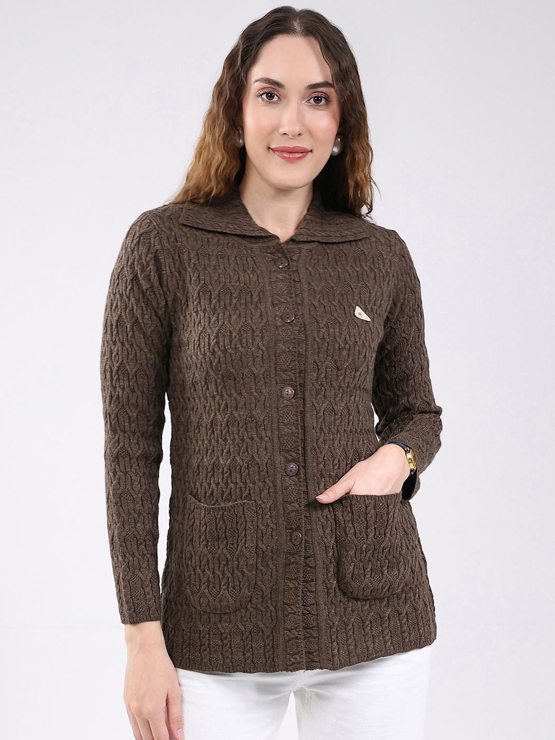 Women Brown Self Design Stand Collar Full Sleeve Cardigan