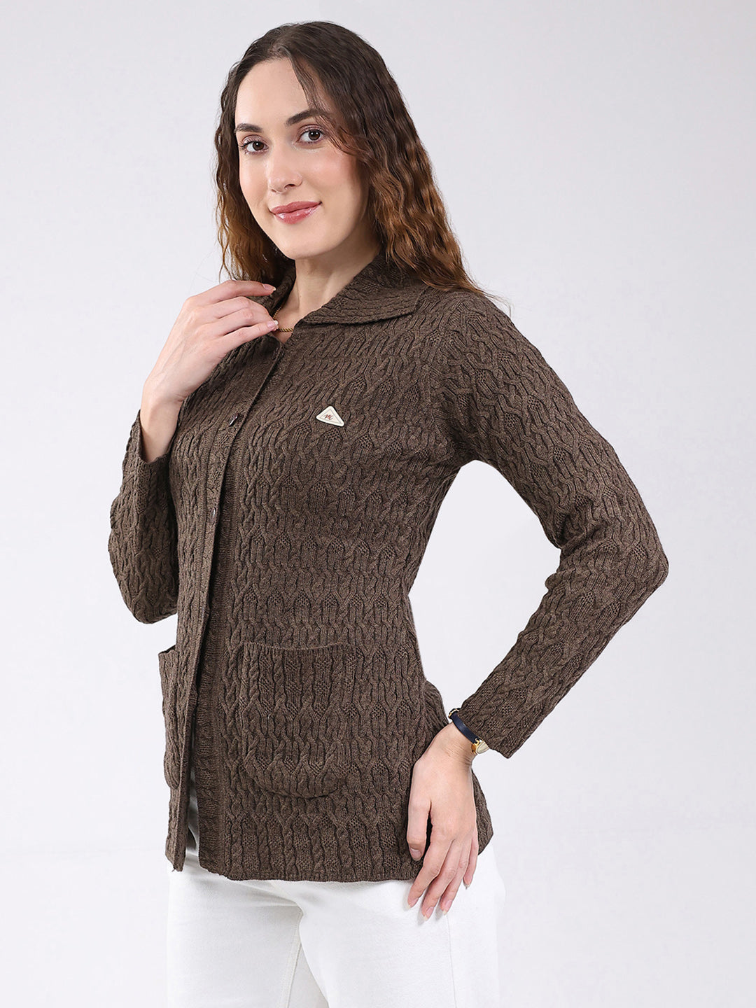 Women Brown Self Design Stand Collar Full Sleeve Cardigan